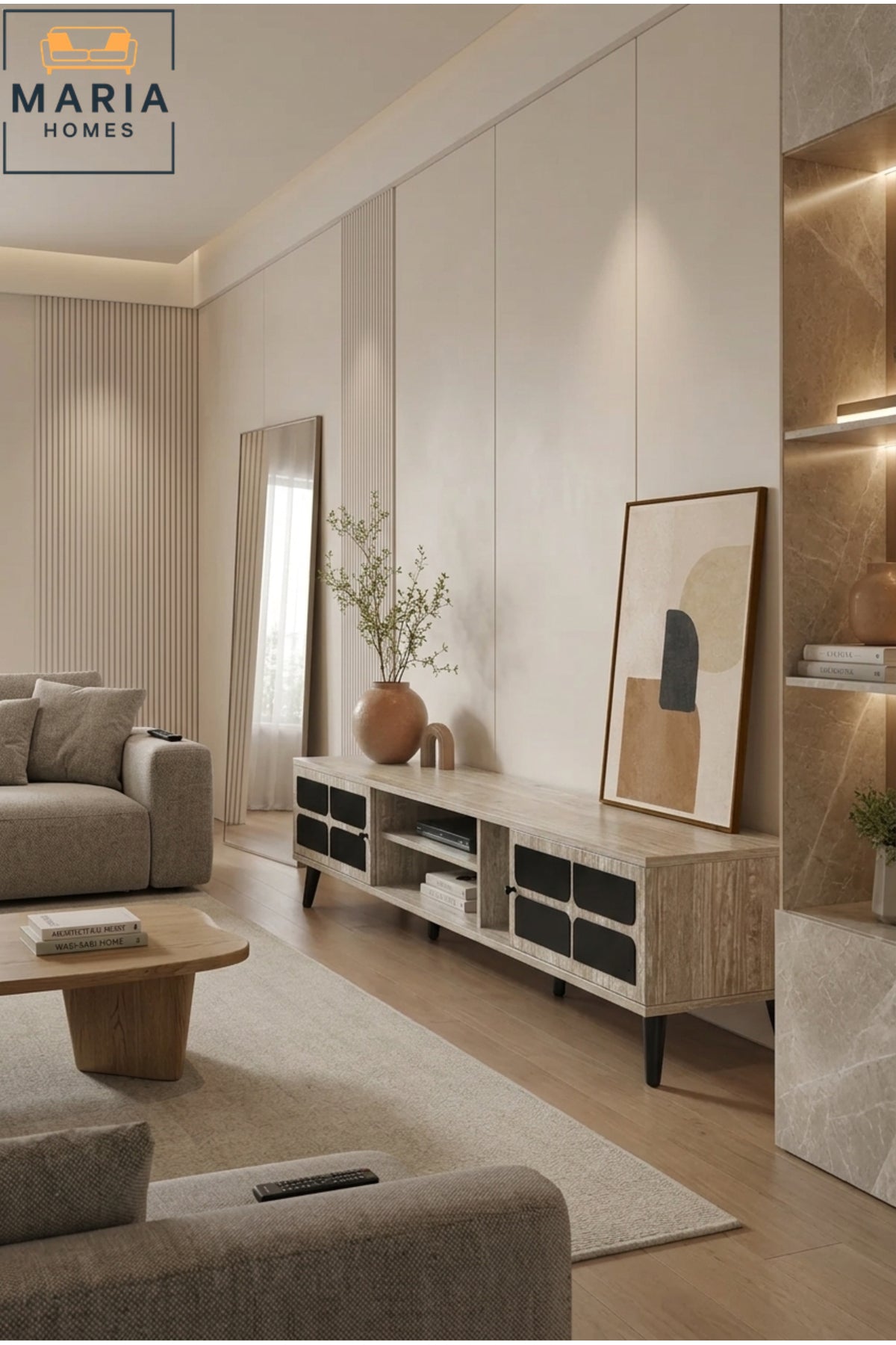 Modern TV Unit with Storage Cabinets and Open Shelving √ê Scandinavian Entertainment Center