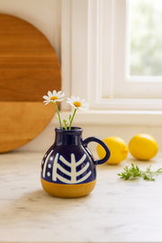 Dark Blue and White Ceramic Jug Ð Handcrafted Geometric Decorative Vase