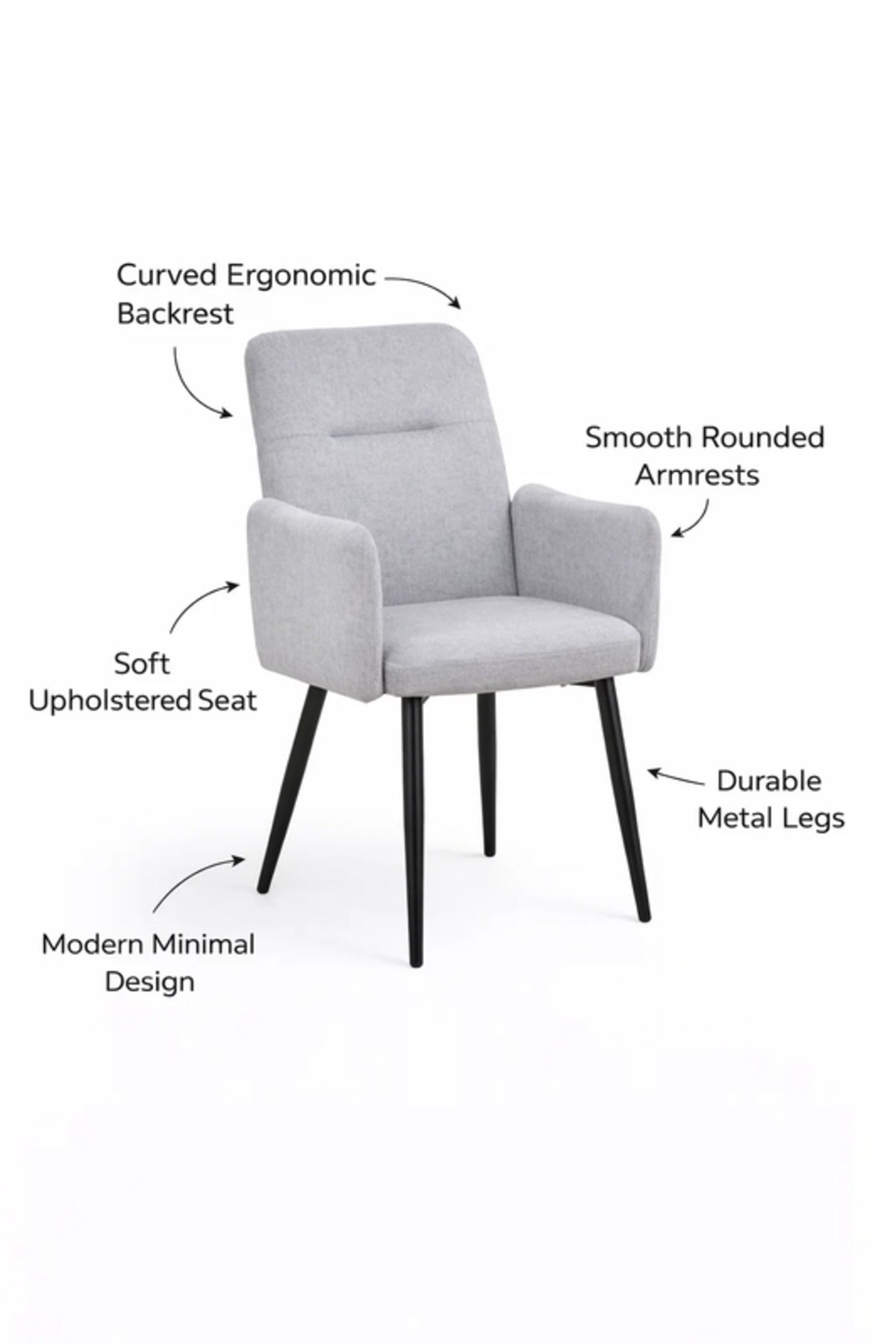 Light Grey Armchair with Black Metal Legs, 90x55x47 CM light grey armchair Dining Room