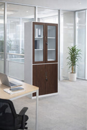 Modern Steel Office Wardrobe Cabinet Glass Doors Brown & White 185cm High Storage Organizer Unit