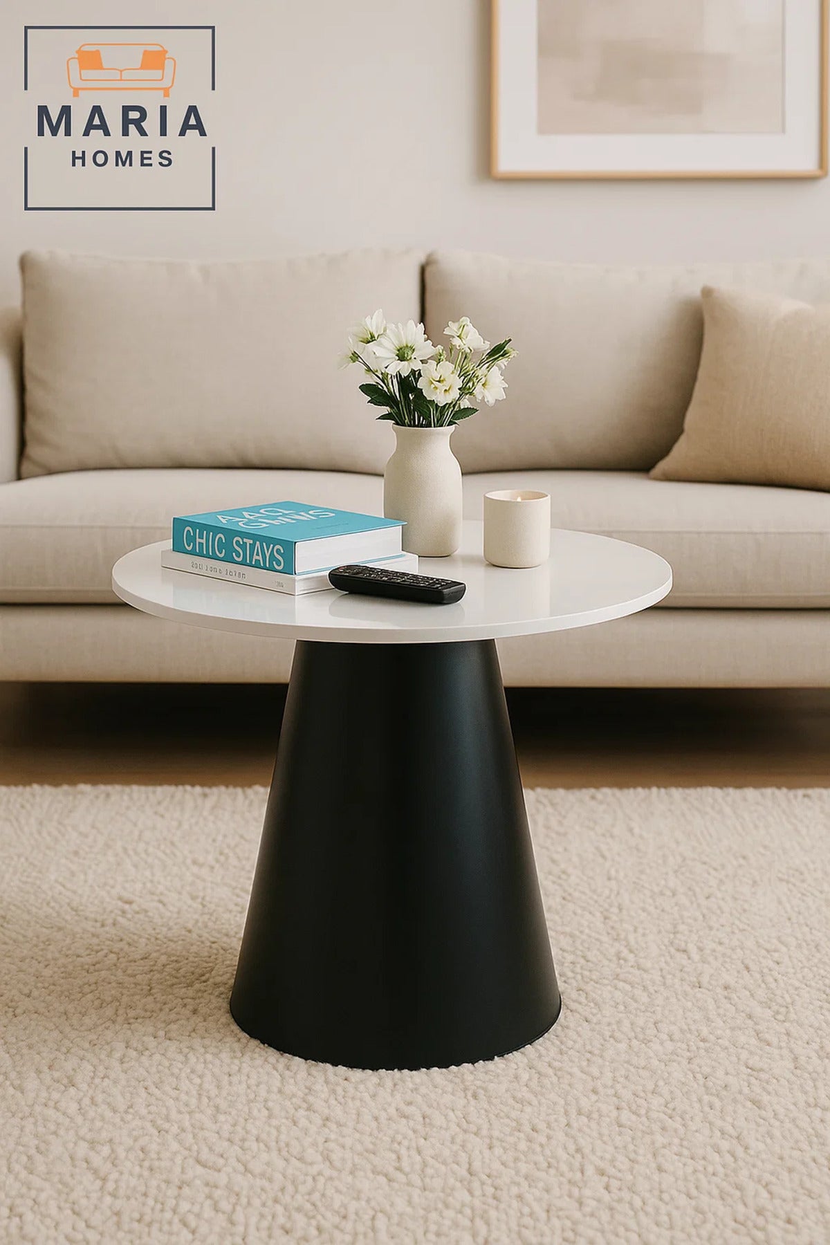 Minimalist Round White Top Table with Black Tapered Base