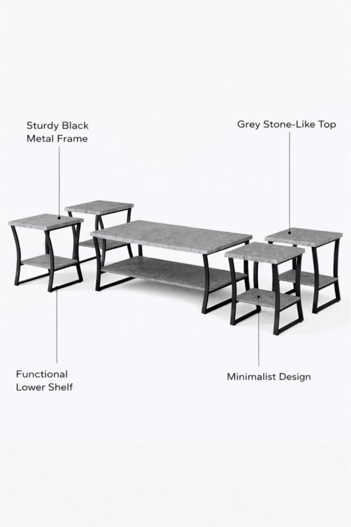 Premium 5-Piece Coffee and Side Table Set Grey Top Black Metal Legs Industrial Living Room Furniture