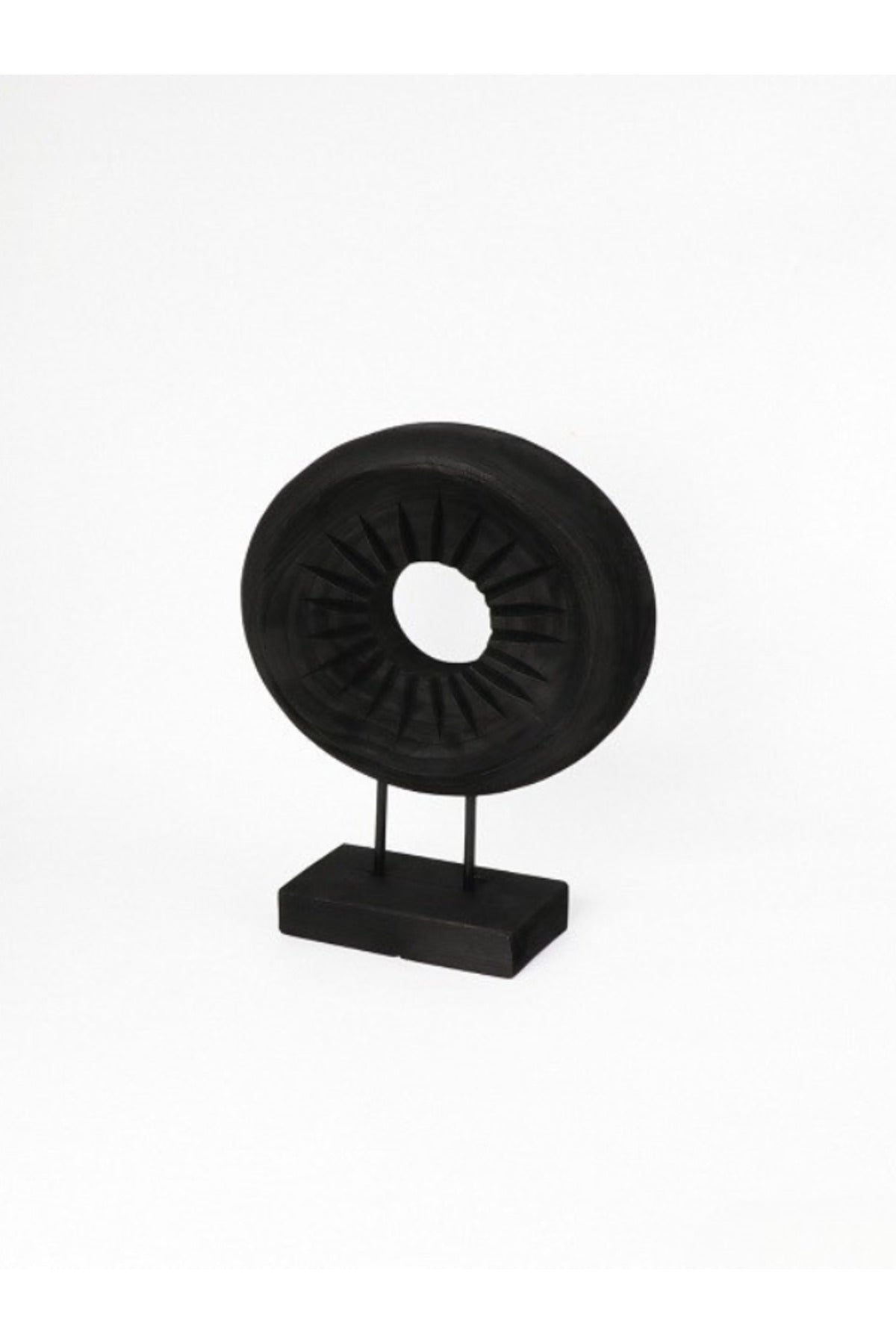 Black Wooden Round Decorative Sculpture on Stand Ð Modern Home Accent