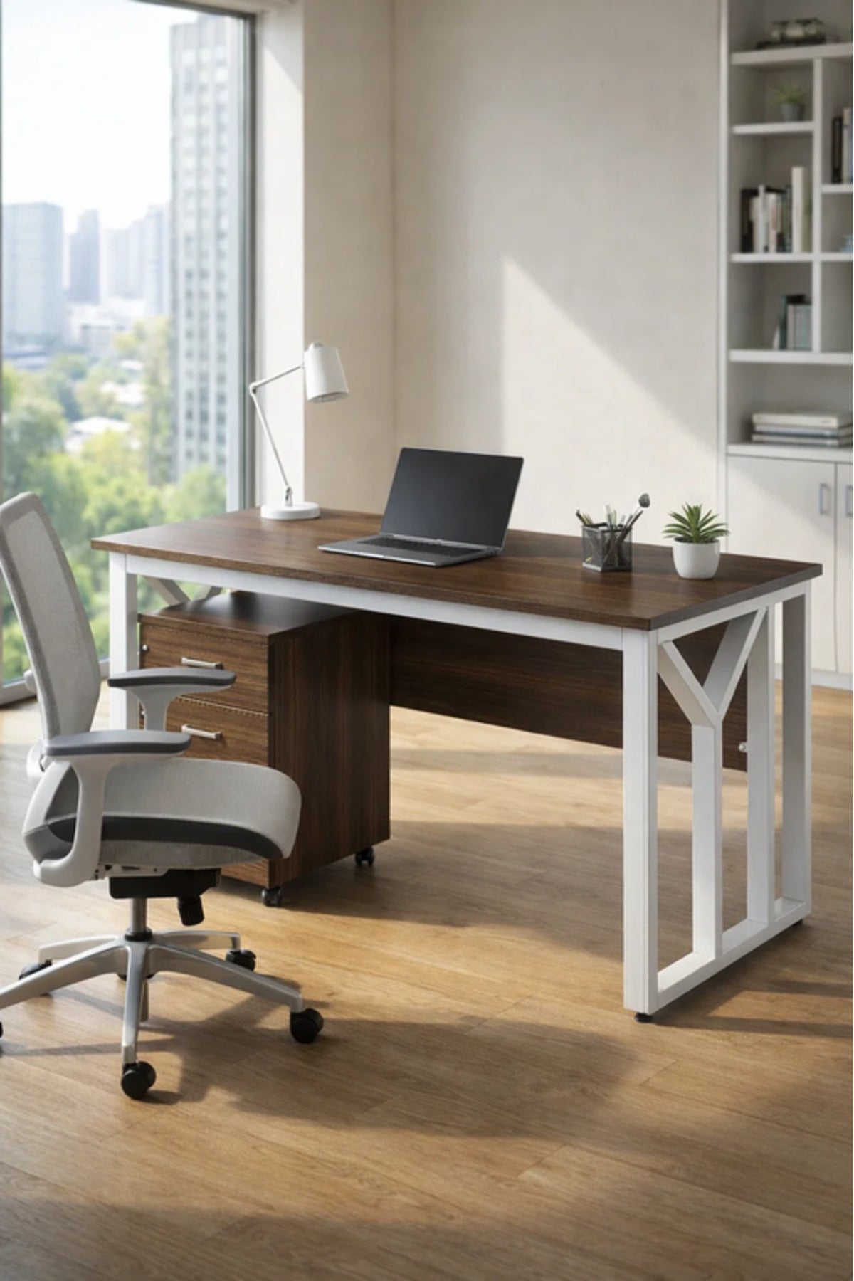 Modern Coffee Office Desk with White Metal Frame & Rolling Drawer