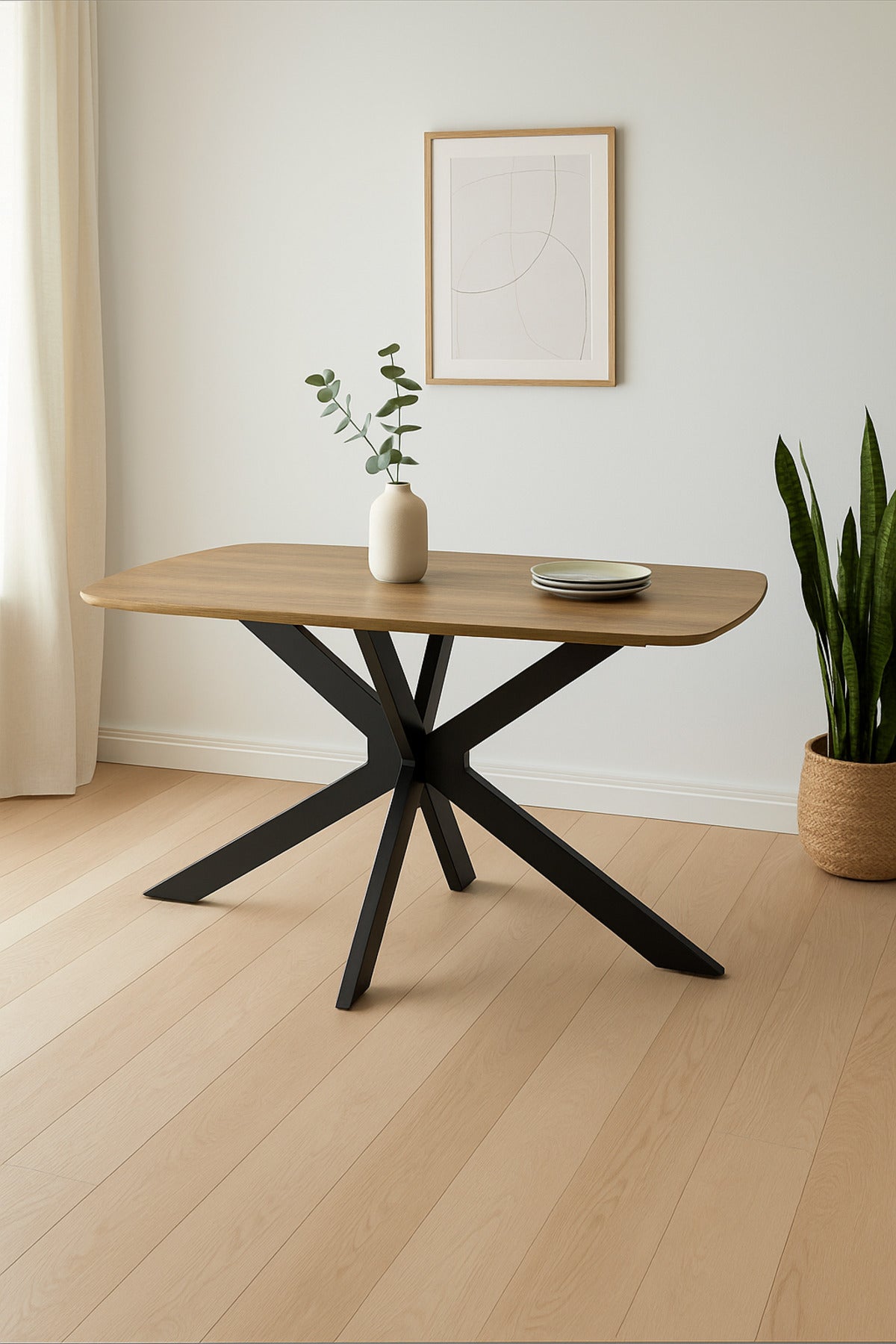 Modern Dining Table Ð 150_90_75 cm | Wooden Top Table with Black Metal Cross Legs