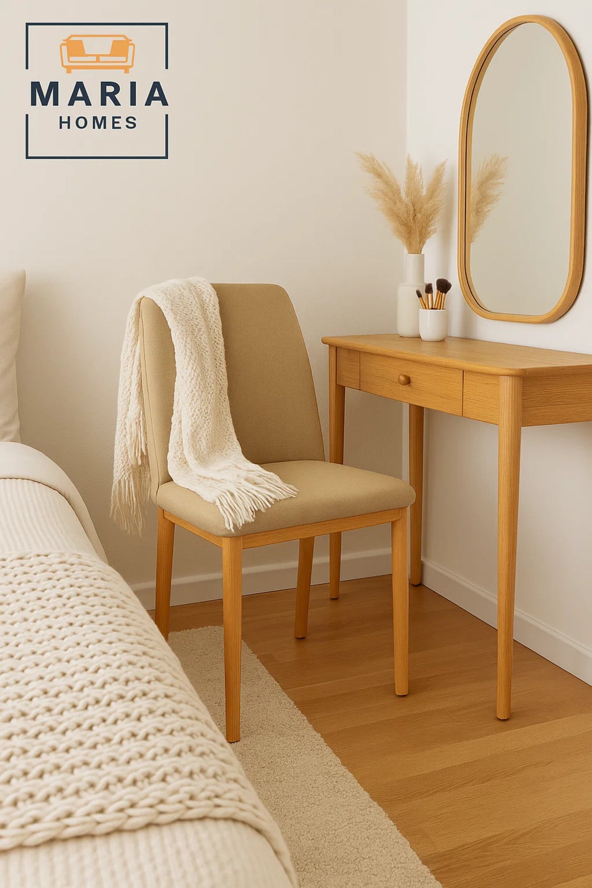 Modern Beige Fabric Dining Chair with Wooden Legs