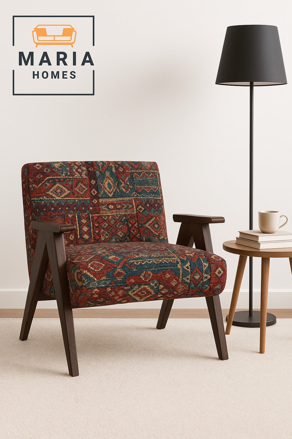 Traditional Armchair Ð Vintage Wooden Frame Single Sofa with Patterned Fabric Upholstery