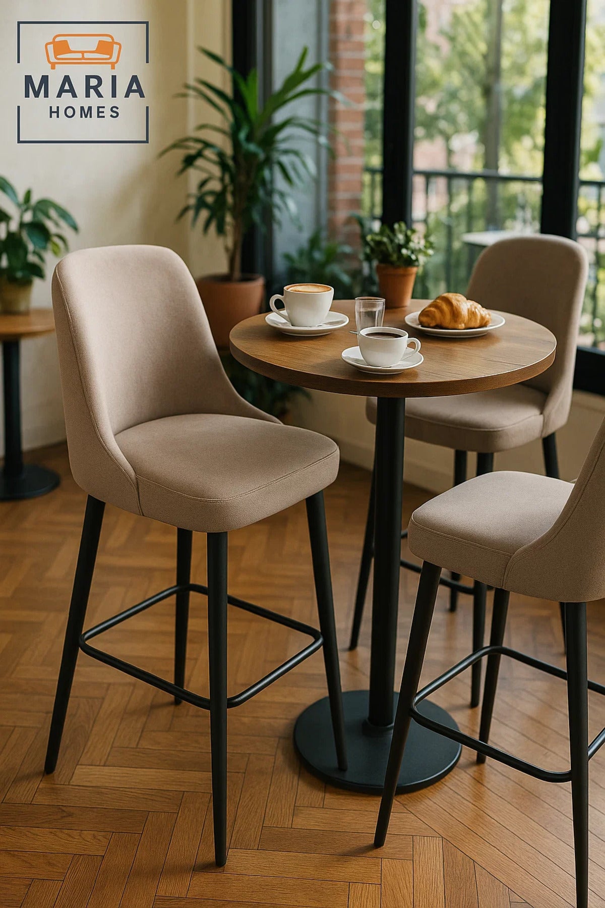 Modern Upholstered Bar Stool With Curved Backrest And Black Metal Legs Ð Soft Beige Fabric Finish