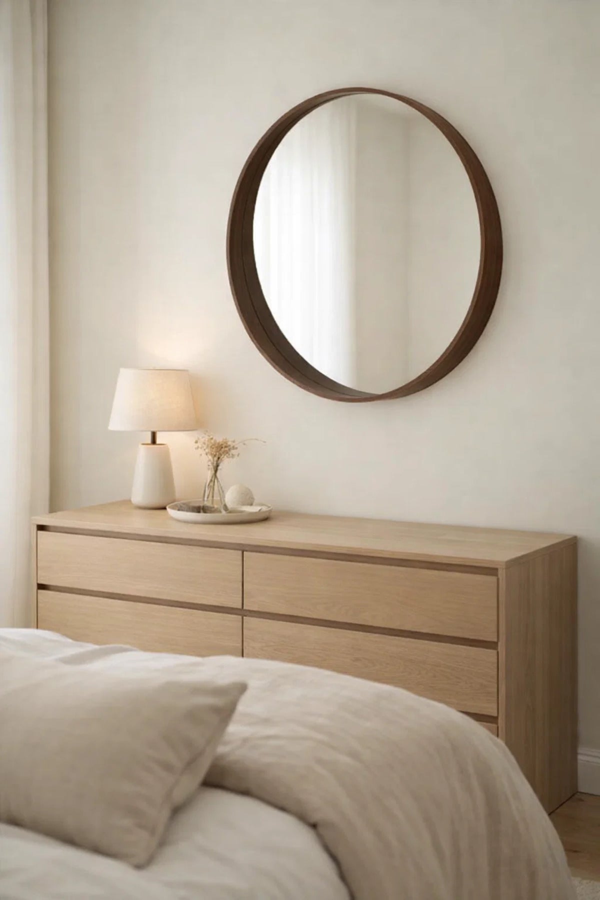 Premium Large Round Wall Mirror 90cm Dark Wood Frame Stylish Home Decor for Living Room Hallway