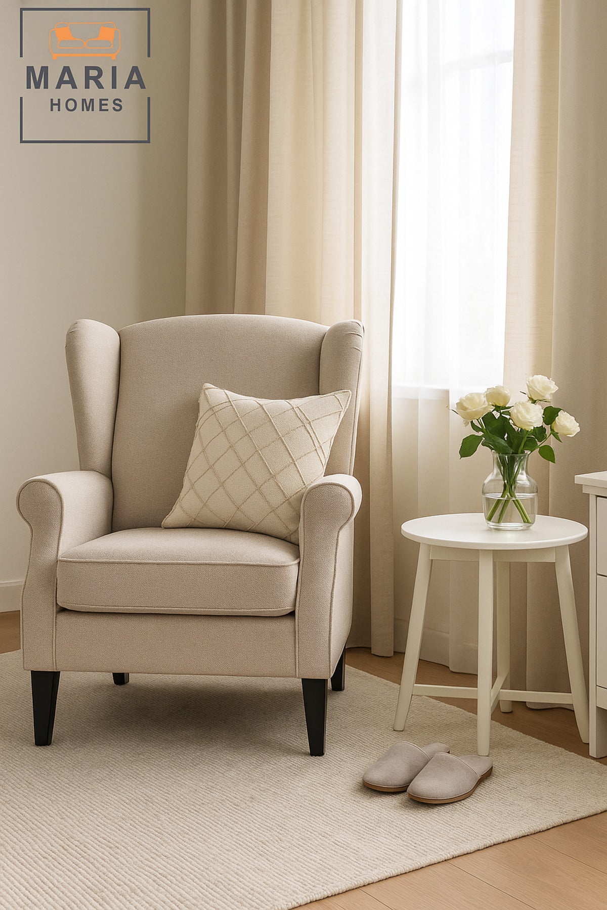 Beige Wingback Armchair Ð Modern Accent Chair with Cushioned Seat