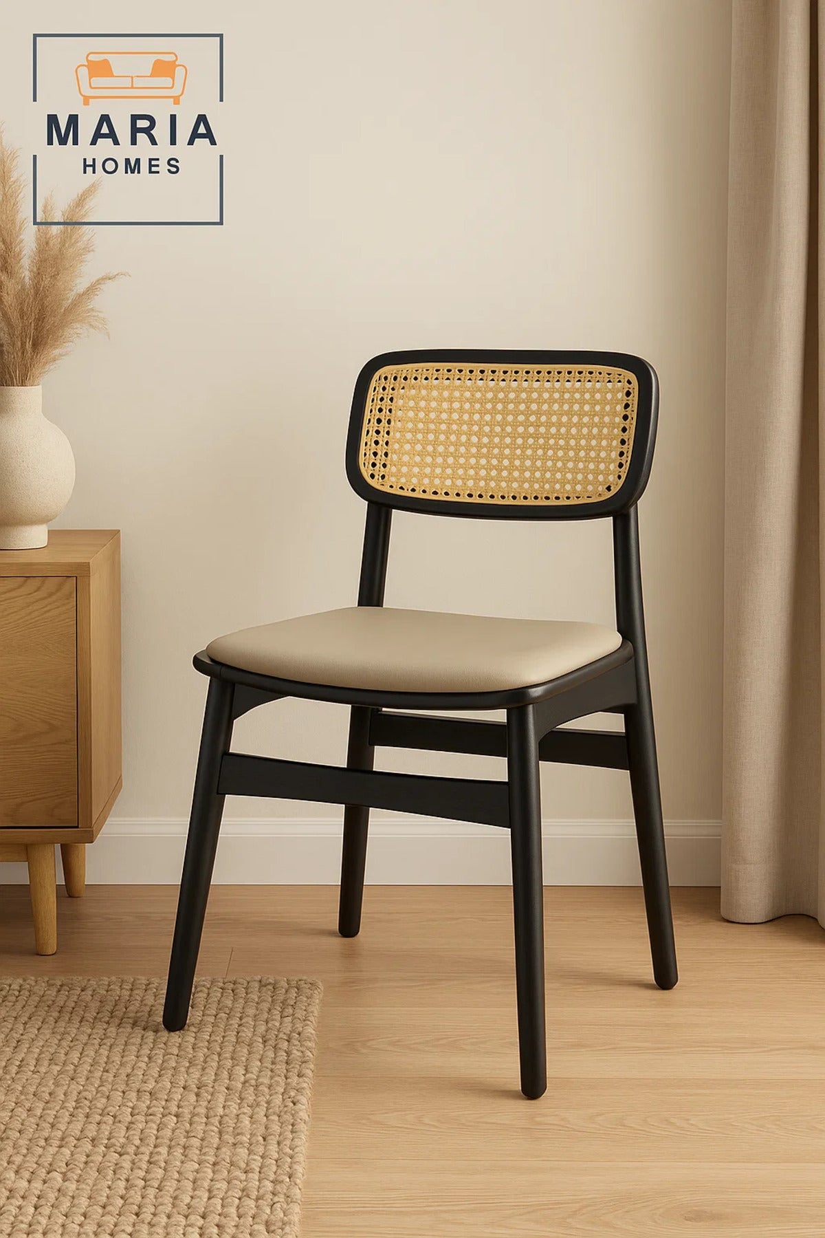 Black Wooden Chair with Rattan Backrest and Padded Beige Seat Ð Modern Cane Dining Chair