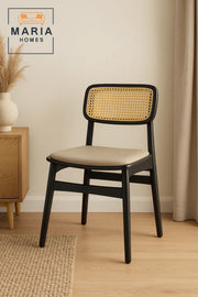 Black Wooden Chair with Rattan Backrest and Padded Beige Seat Ð Modern Cane Dining Chair
