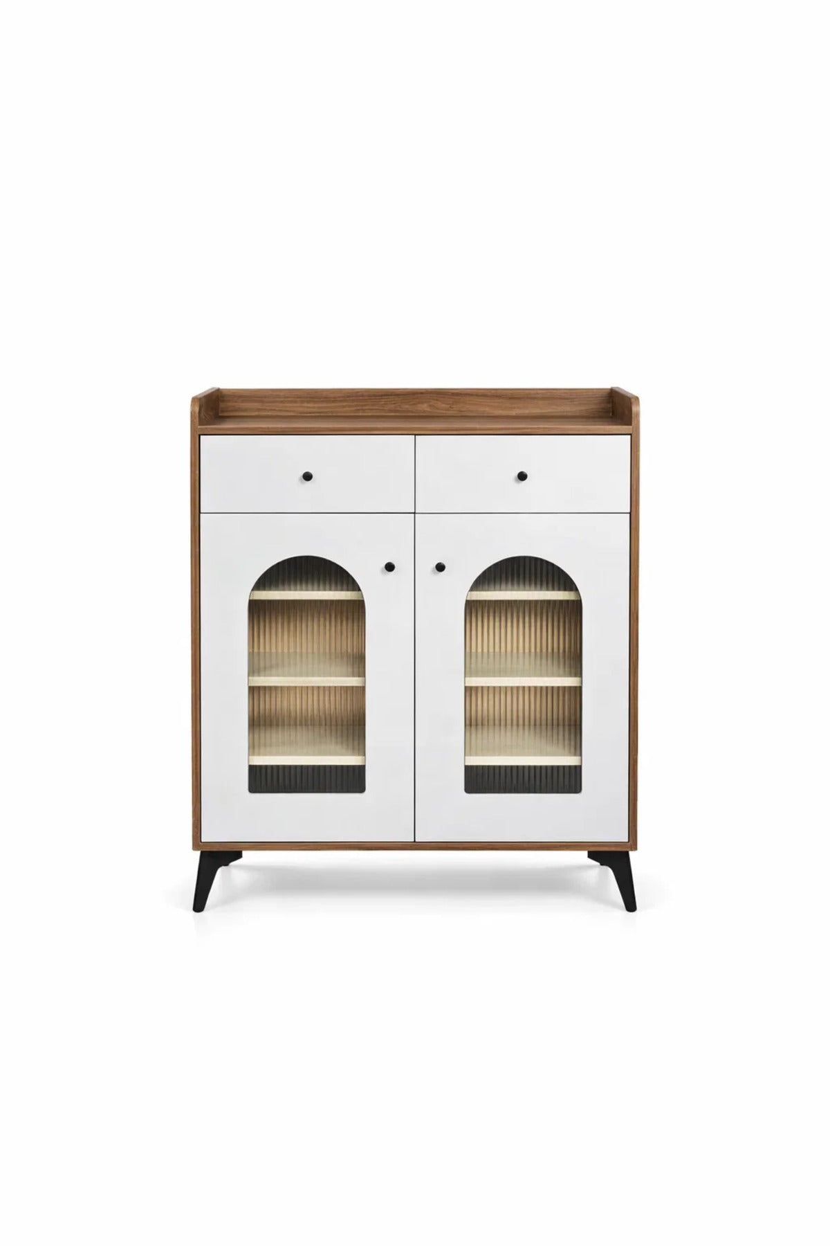 Contemporary Shoe Storage Cabinet with Arched Glass Doors and Drawers for Hallway Organization