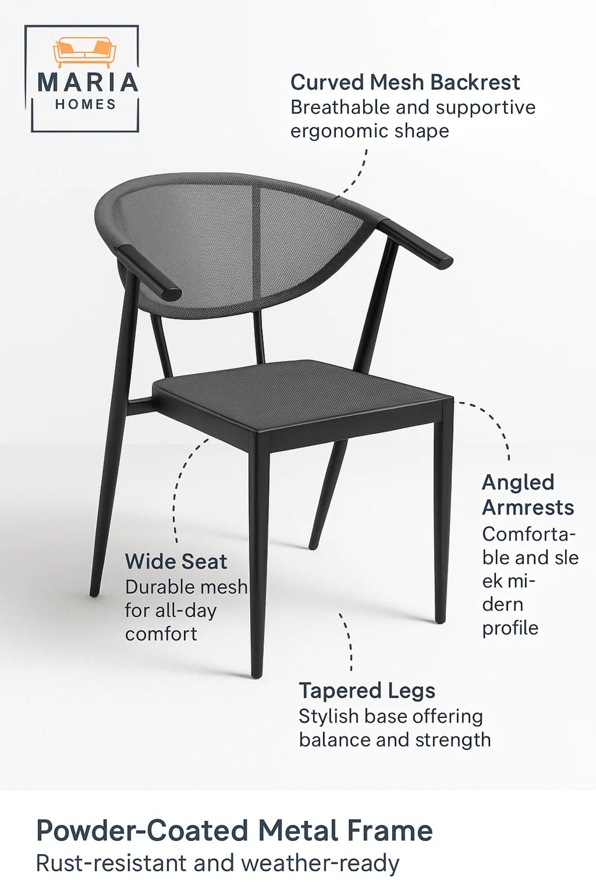 Modern Grey & Black Armchair Comfortable Metal Frame Mesh Back Dining and Office Chair