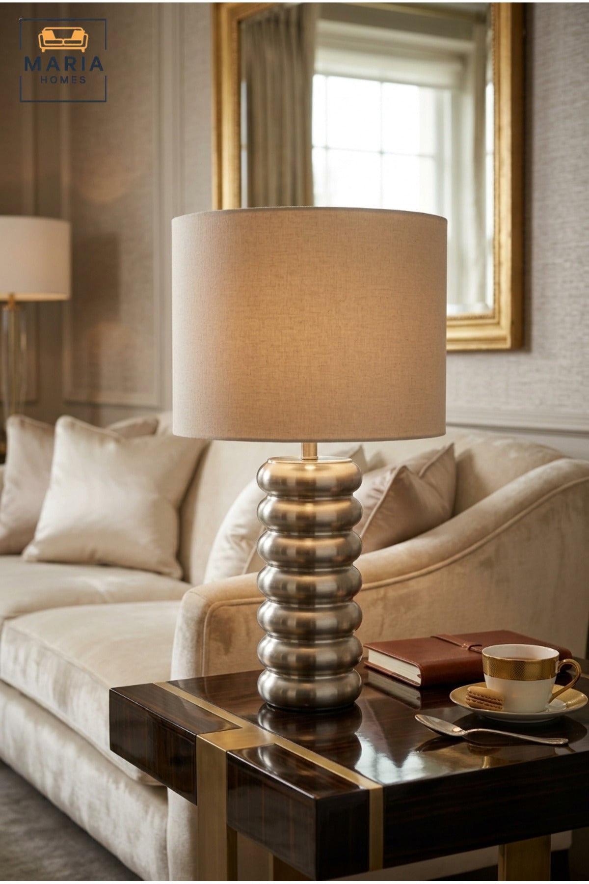 Modern Silver Ribbed Table Lamp with Fabric Drum Shade Sculptural Bedside Light for Bedroom Living Room Office Console Table and Hotel Décor