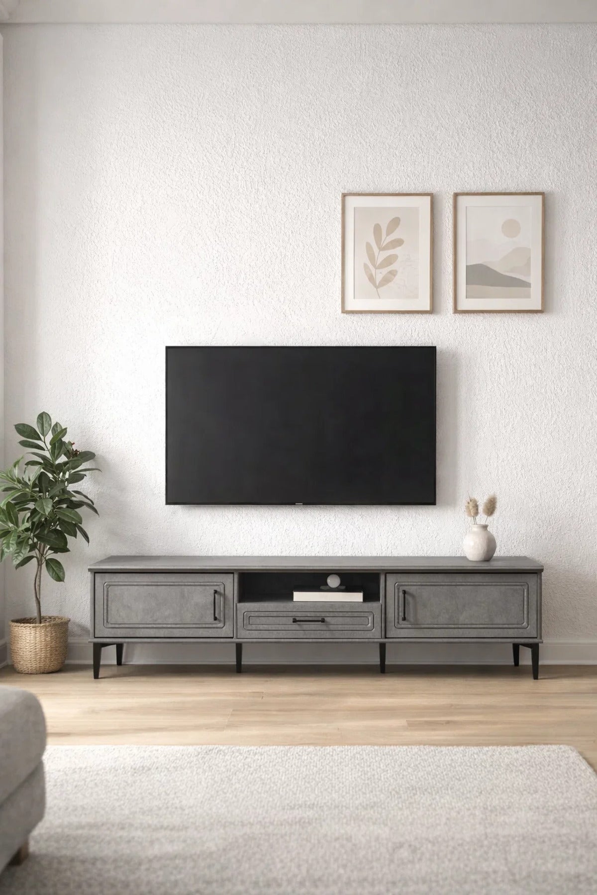 Modern Grey TV Entertainment Unit 180cm Wide Media Console with Storage Drawers Living Room