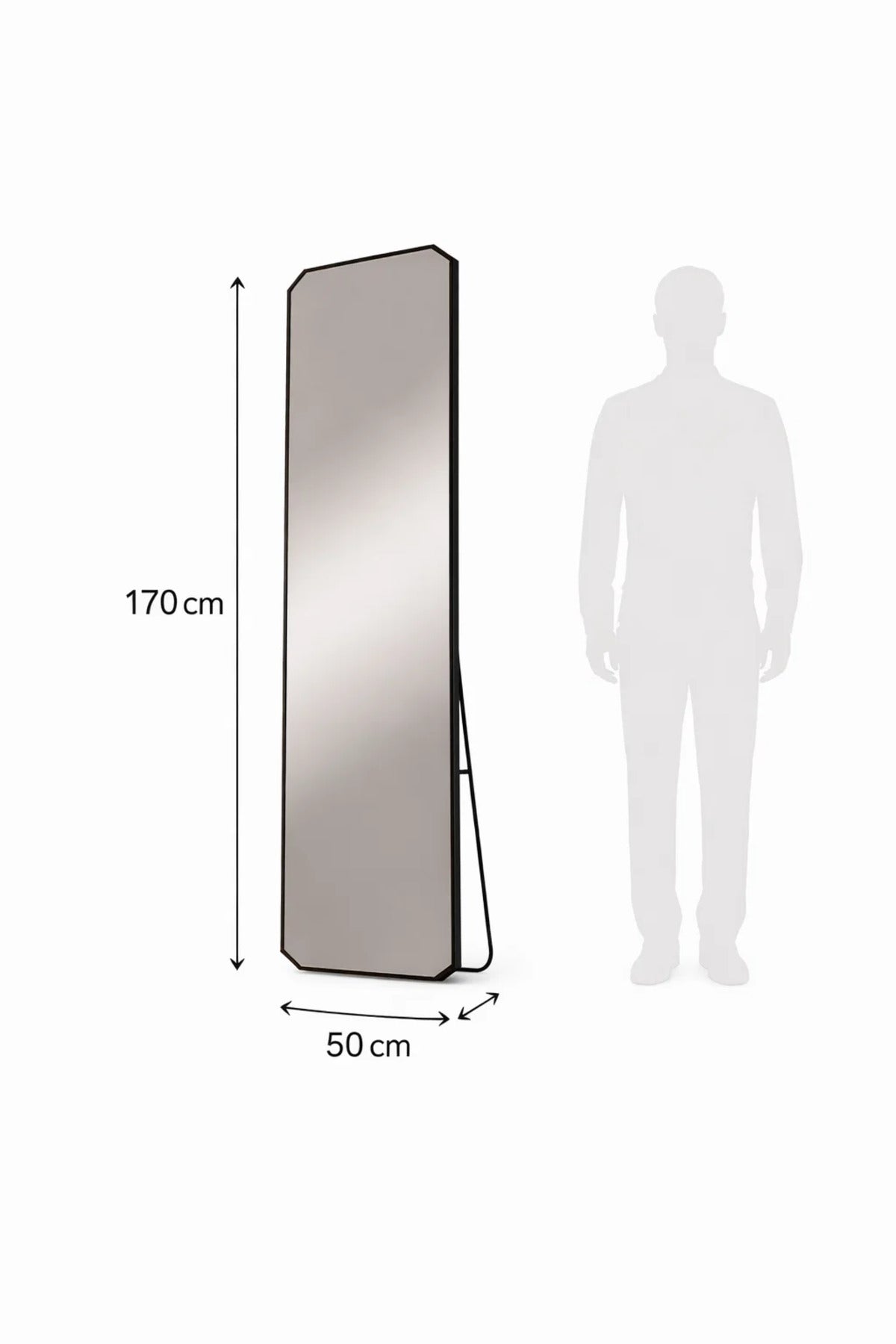 Modern Black Aluminum Full Body Standing Mirror Shatterproof Glass for Bedroom Decor 170x50cm