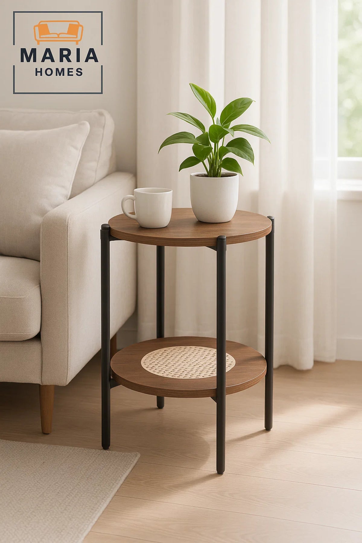 Modern Brown Side Table √ê Round Coffee Table with Rattan Storage Shelf 40_40_55 cm