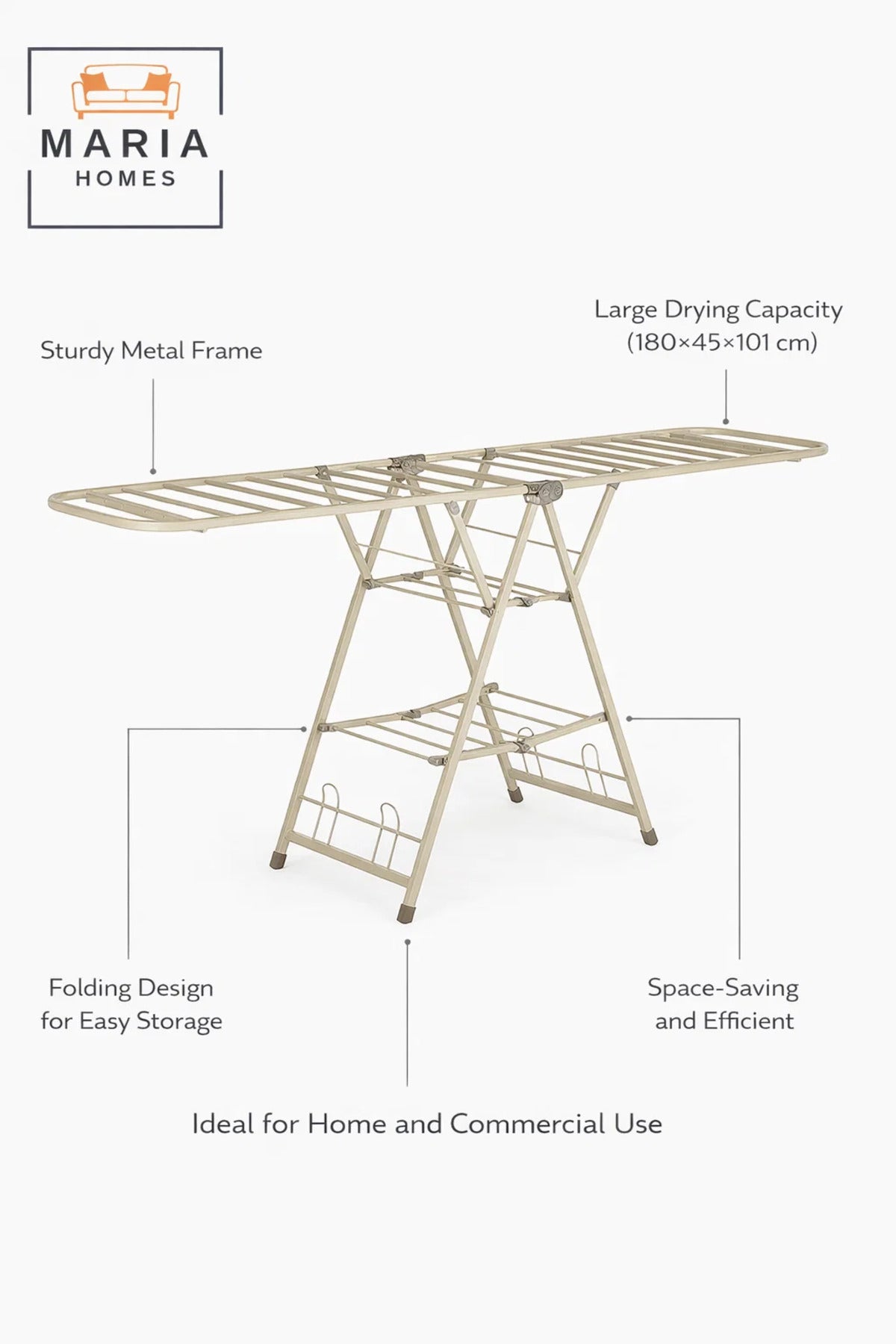Beige Strong Folding Clothes Drying Rack 180_45_101 cm Ð Multi-Tiered Metal Drying Stand