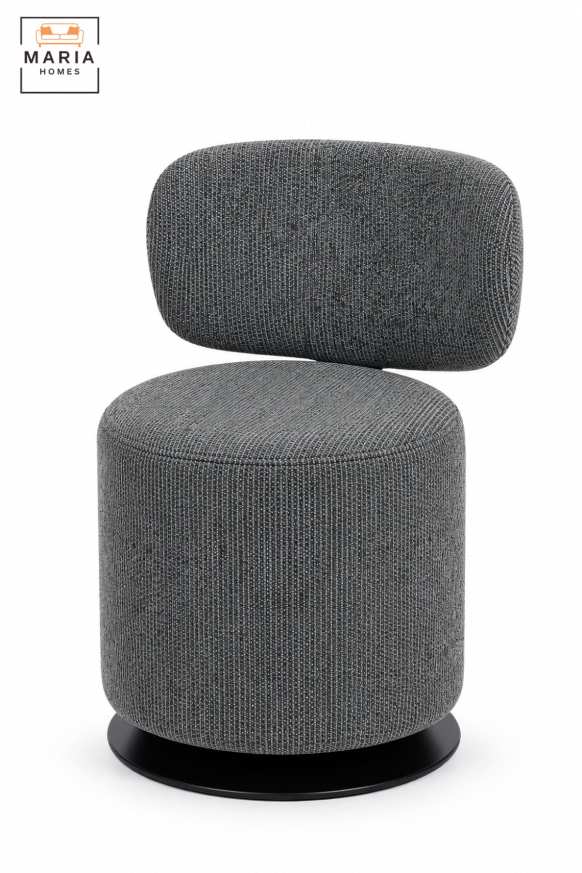 Modern 360° Swivel Arm Chair | Dark Grey Fabric Upholstered Accent Chair with Padded Seat, Curved Backrest & Black Round Base for Living Room
