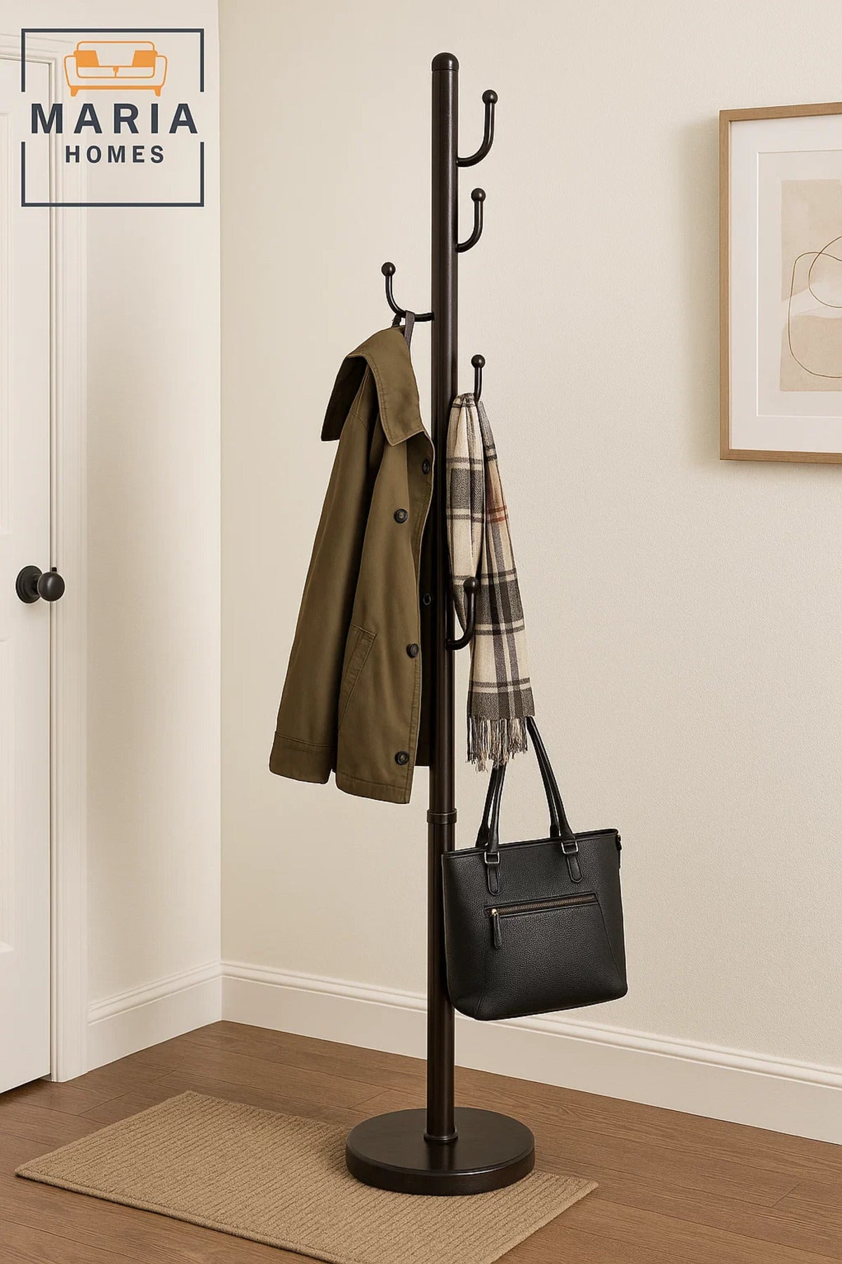 Black Metal Coat Rack with Curved Hooks and Circular Base