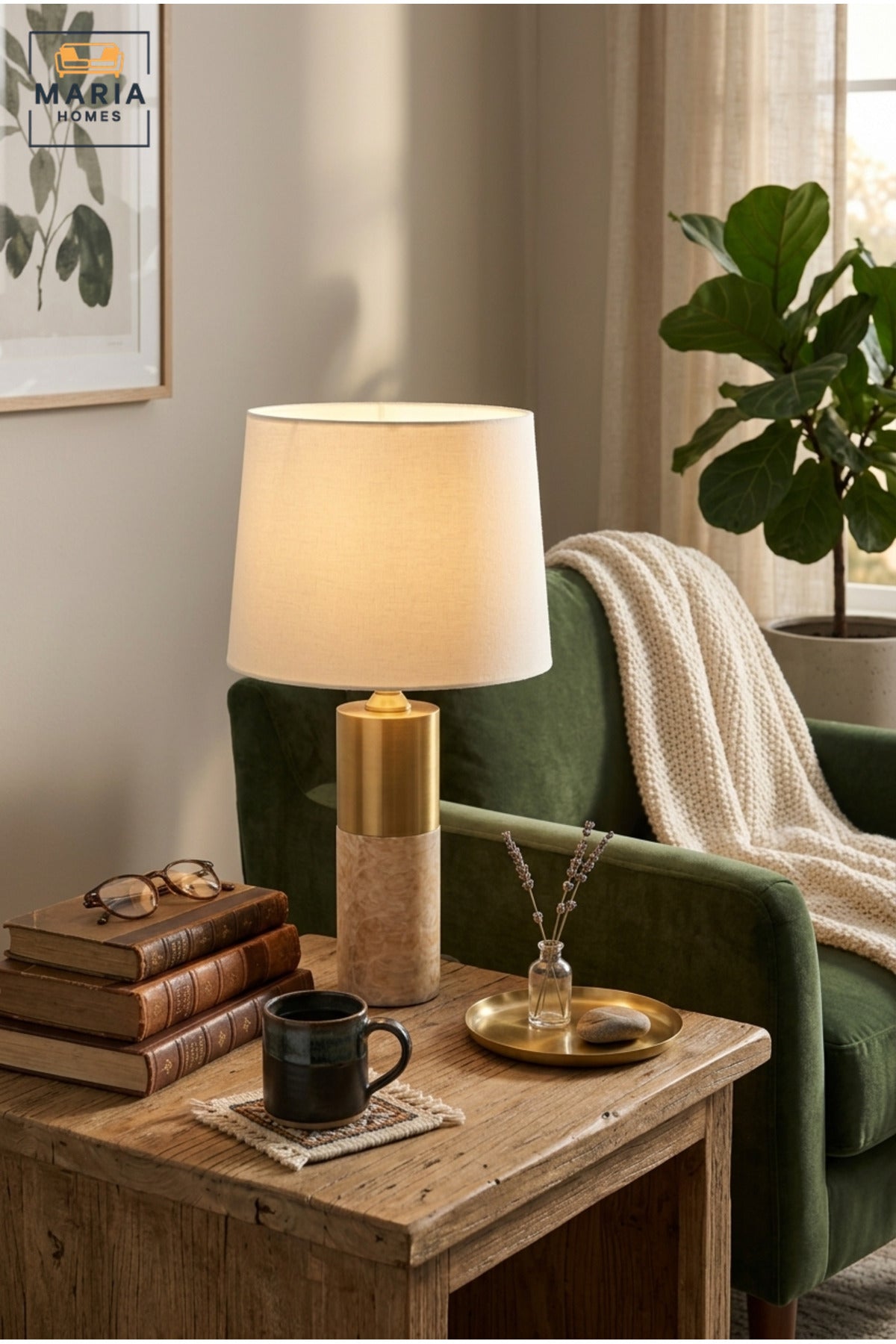Luxury Marble Table Lamp with White Fabric Shade and Gold Tone Cylindrical Base for Bedroom, Living Room, Office, Hotel and Bedside Décor