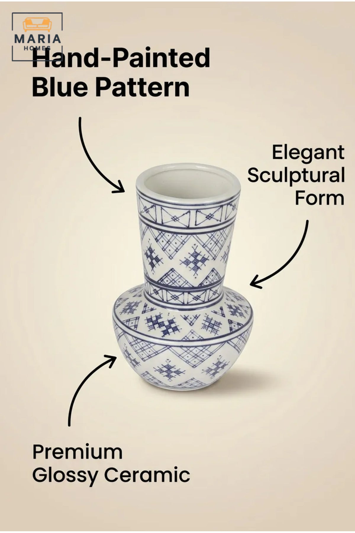 Blue and White Patterned Decorative Vase, Modern Ceramic Flower Holder with Tall Neck and Rounded Base for Living Room, Bedroom, Shelf and Table Décor