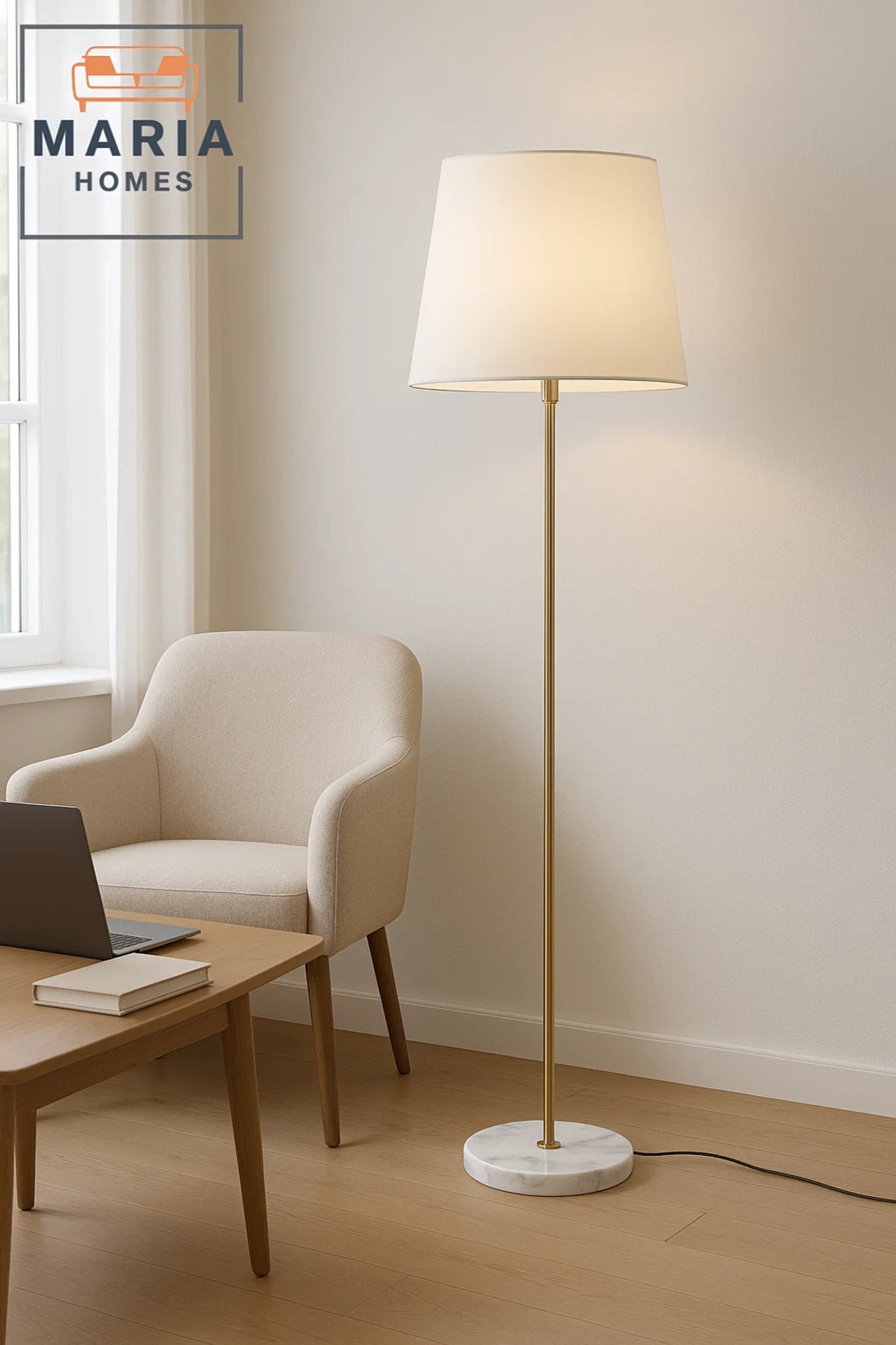 Gold Floor Lamp with White Shade and Marble Base