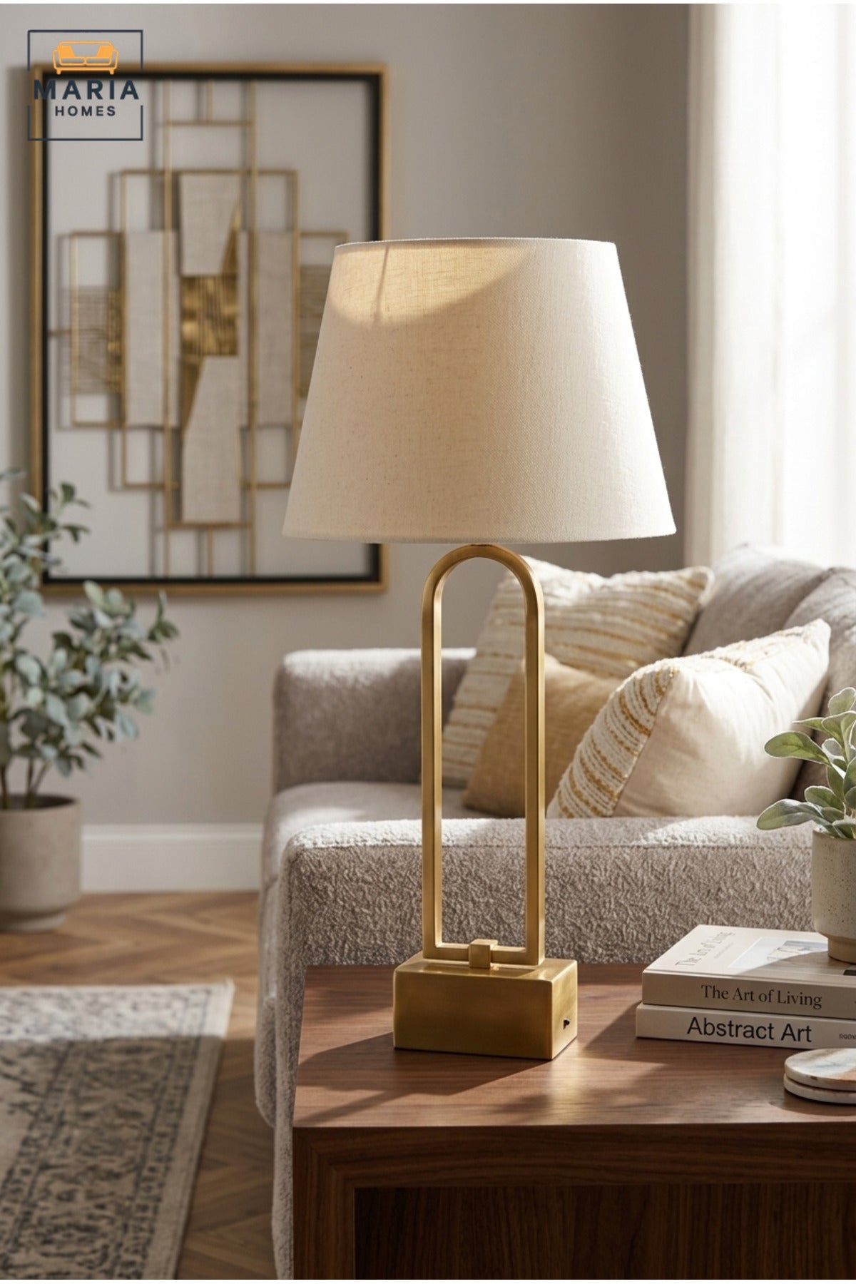 Modern Open Frame Table Lamp with White Fabric Shade, Antique Gold Tone Finish and Geometric Base for Bedroom, Living Room, Office, Hotel and Bedside Décor