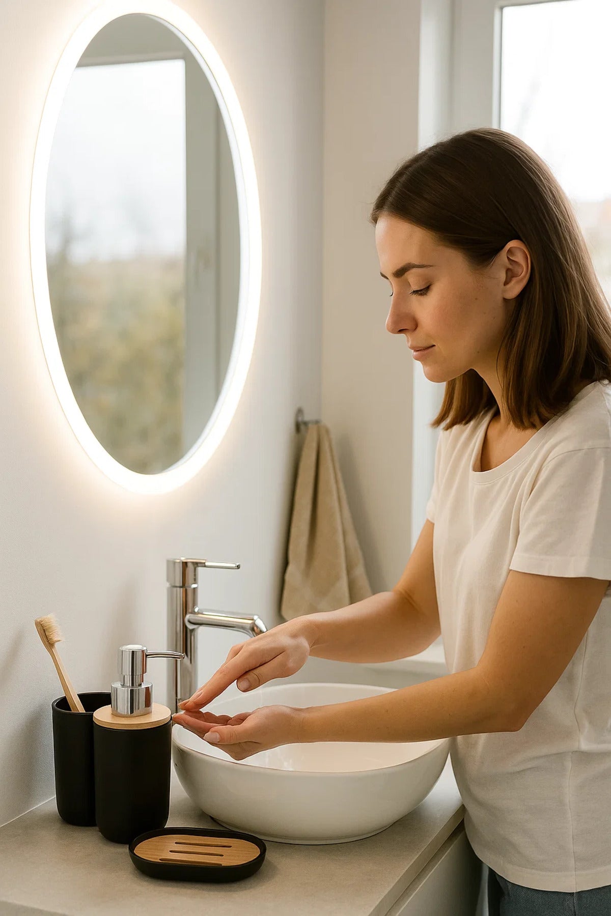 4-Piece Black Bathroom Set with Bamboo Ð Soap Dispenser, Tumbler, Toothbrush Holder, Dish