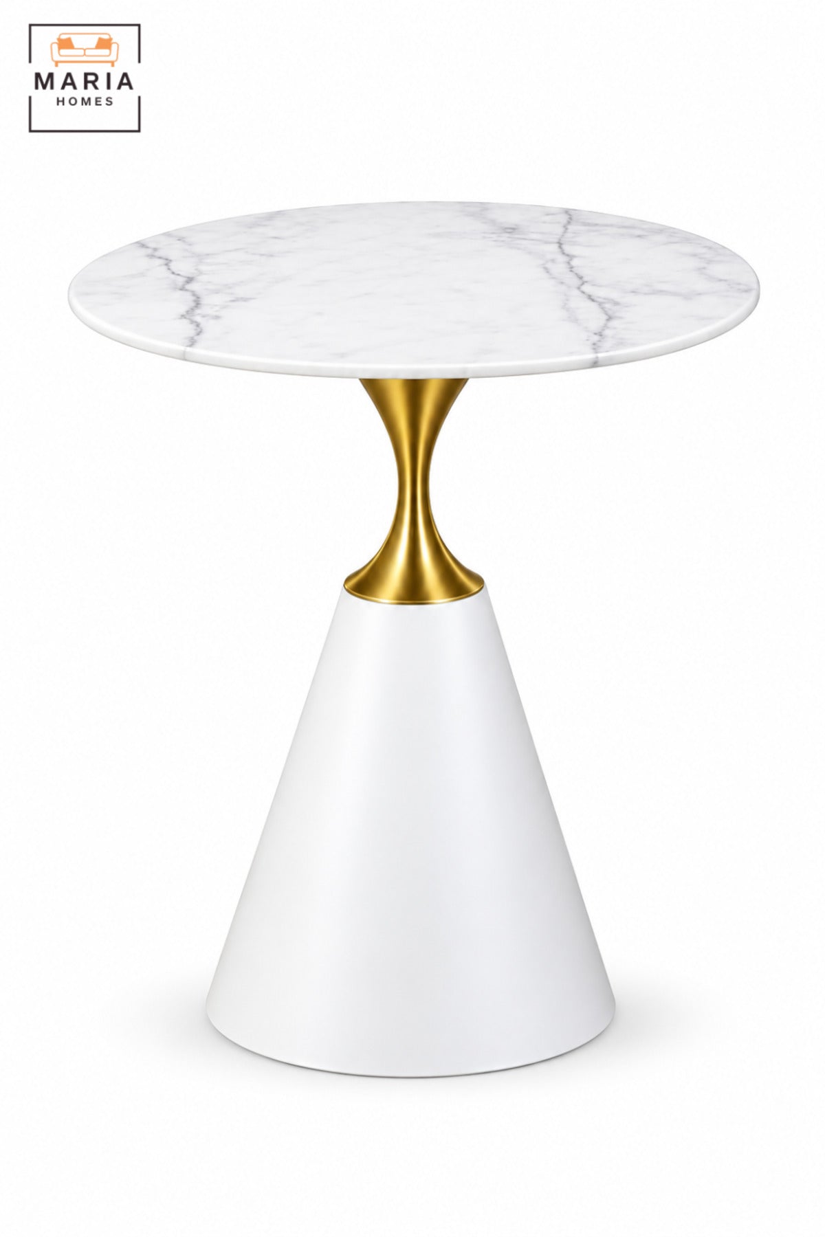 Modern Round Side Table with White Marble-Effect Top, White Cone Pedestal Base and Gold Accent for Living Room & Bedroom – 60 × 67.5 CM