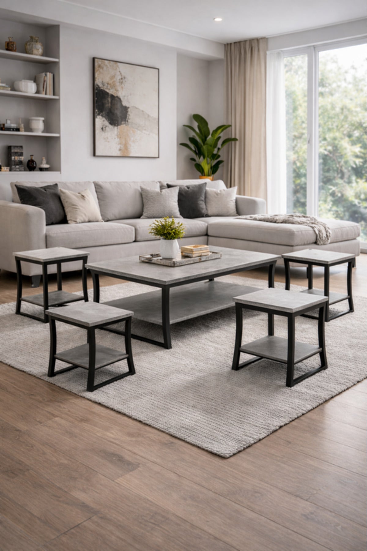 Premium 5-Piece Coffee and Side Table Set Grey Top Black Metal Legs Industrial Living Room Furniture