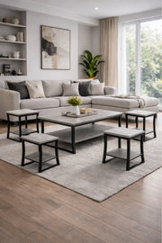 Premium 5-Piece Coffee and Side Table Set Grey Top Black Metal Legs Industrial Living Room Furniture