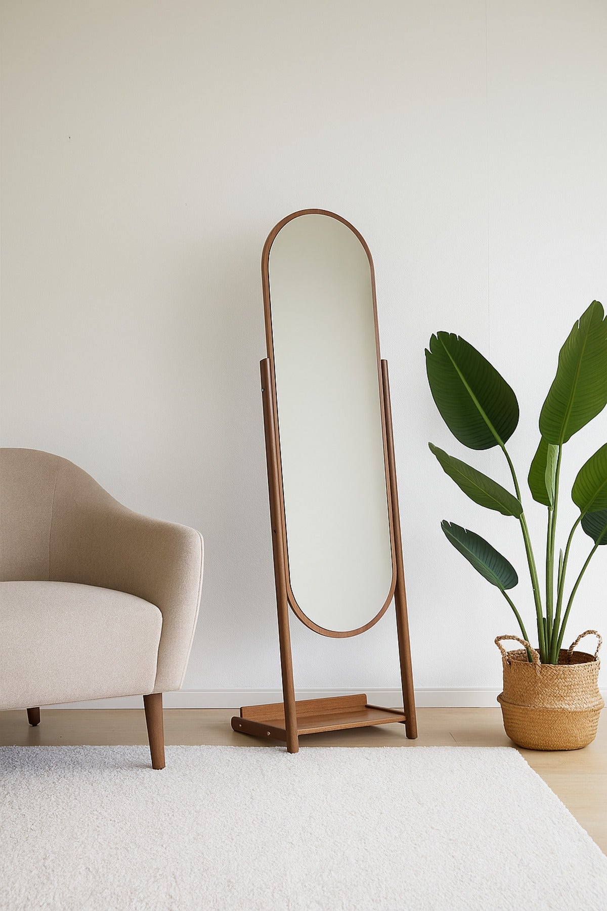 Full-Length Oval Standing Mirror 170_44_32 cm Ð Walnut Wood Frame Dressing Mirror with Base Shelf