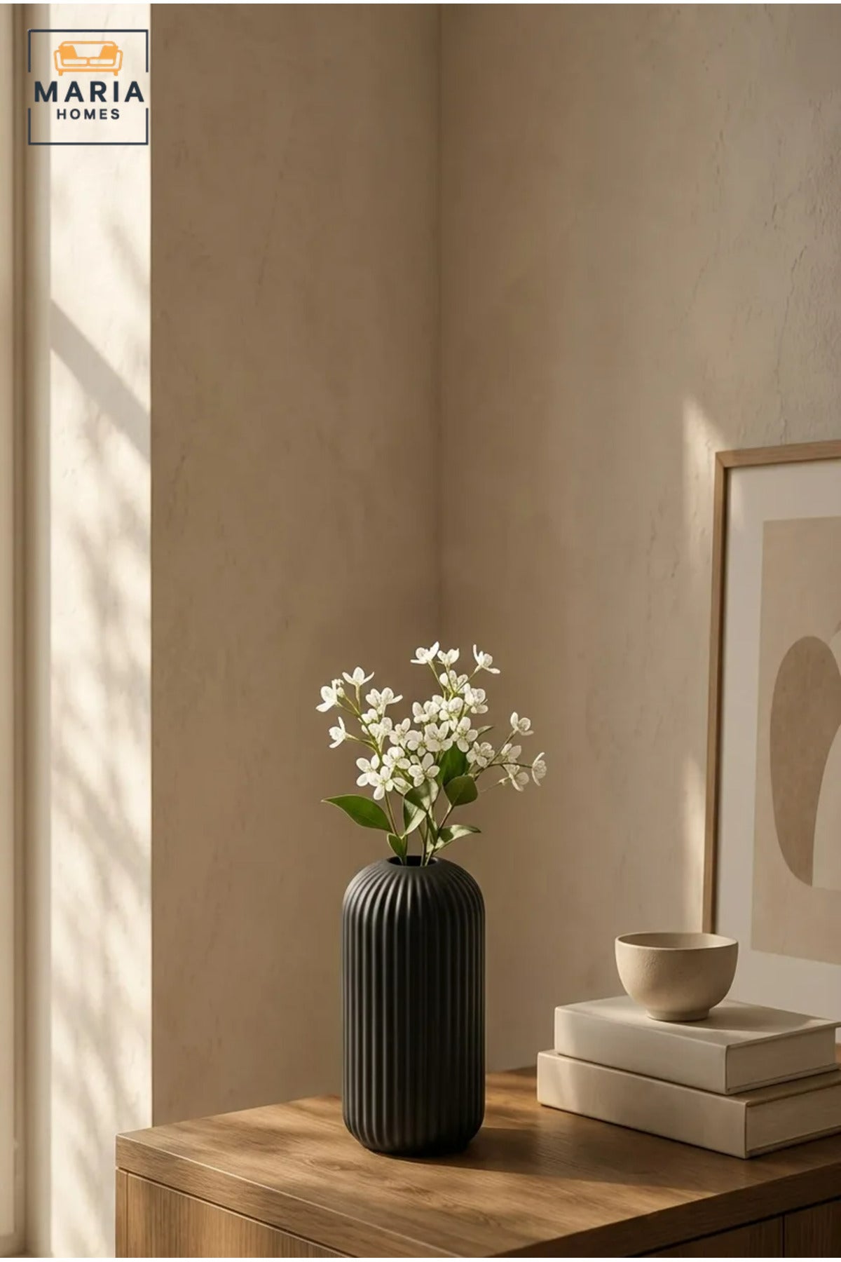 Black Ribbed Decorative Vase, Modern Cylindrical Flower Holder for Dried Flowers, Living Room, Bedroom, Office, Shelf and Table Décor