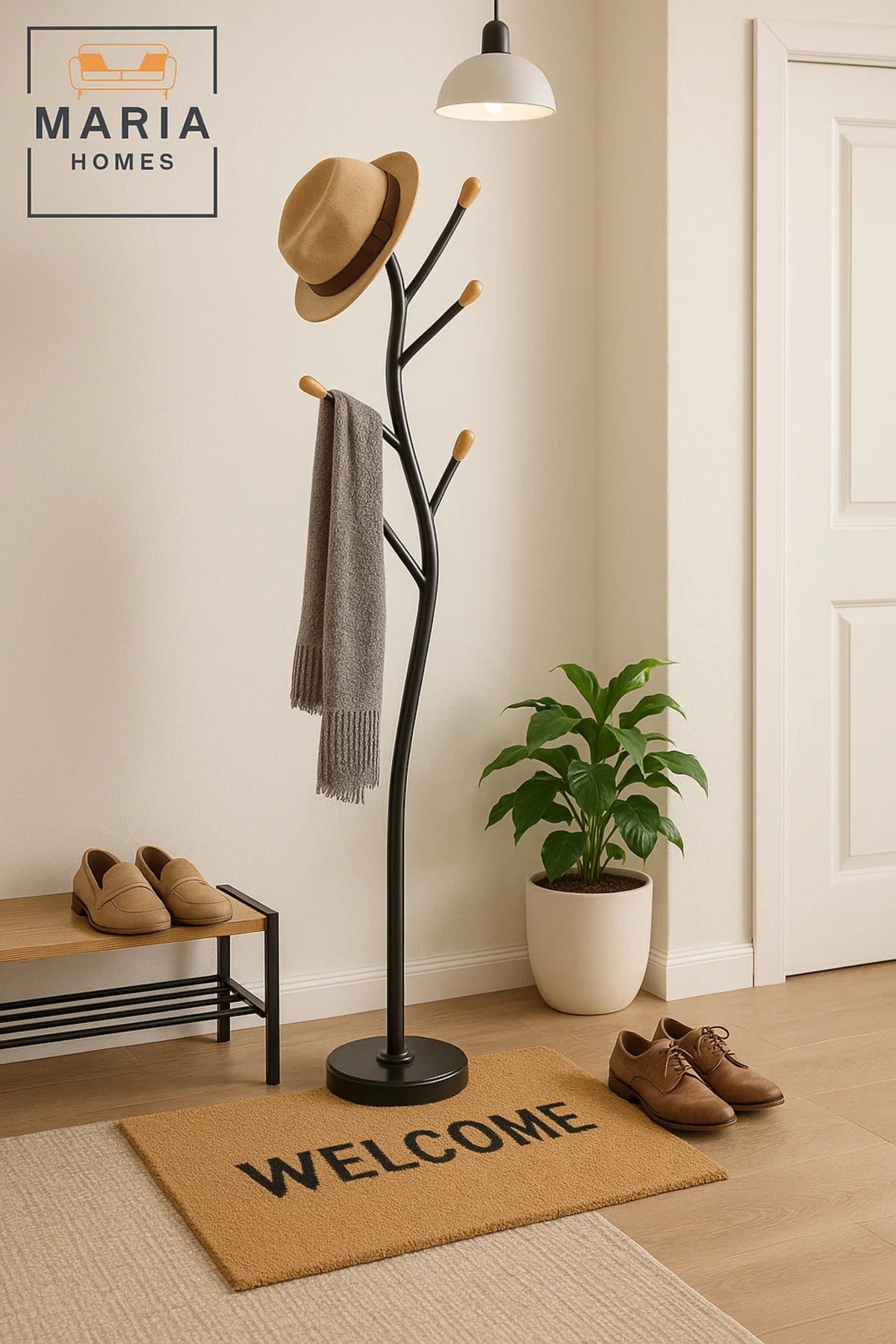 Black Tree-Shaped Metal Coat Rack with Wooden Hook Tips