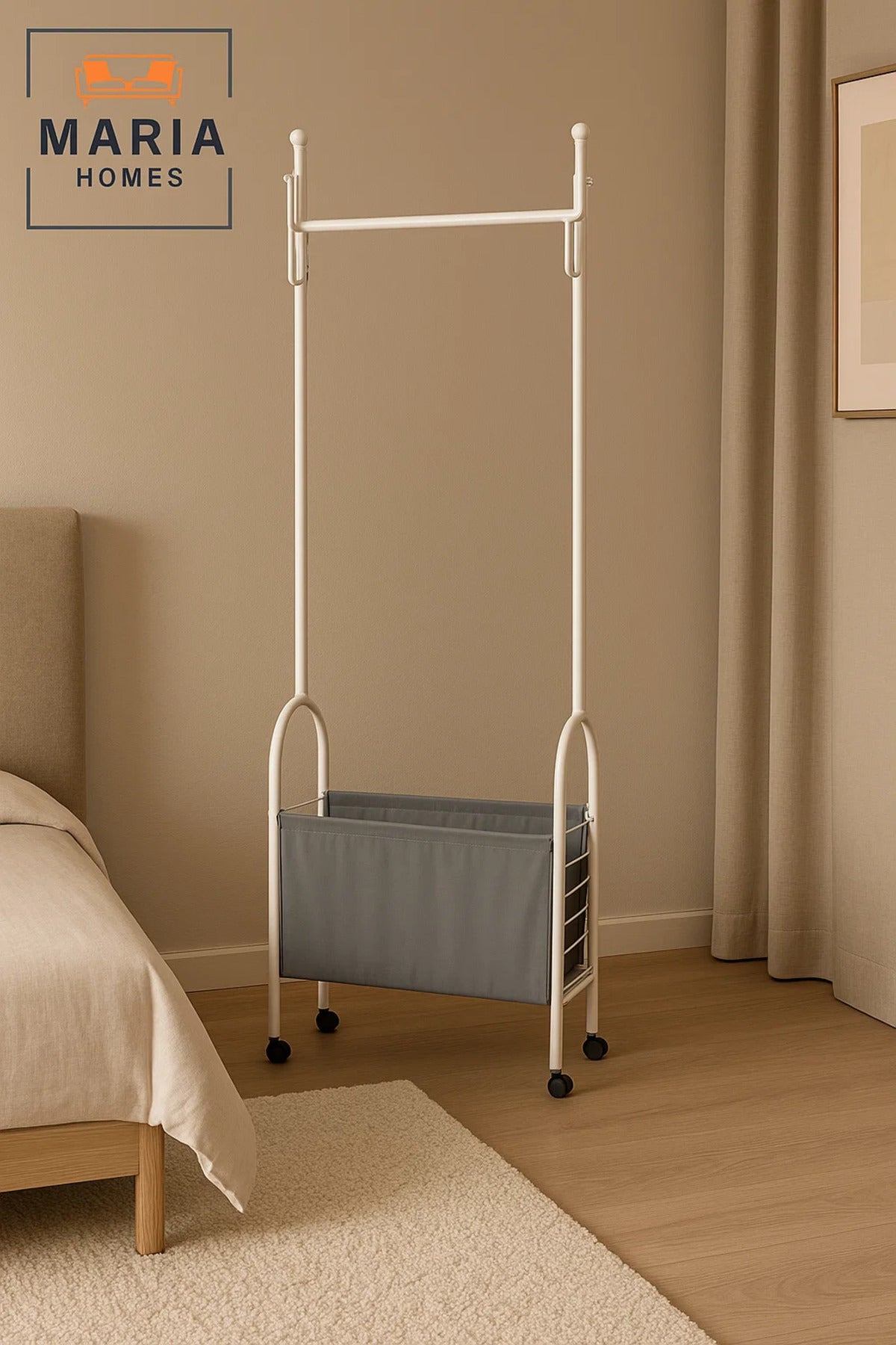 Modern White Metal Garment Rack with Fabric Storage Bin