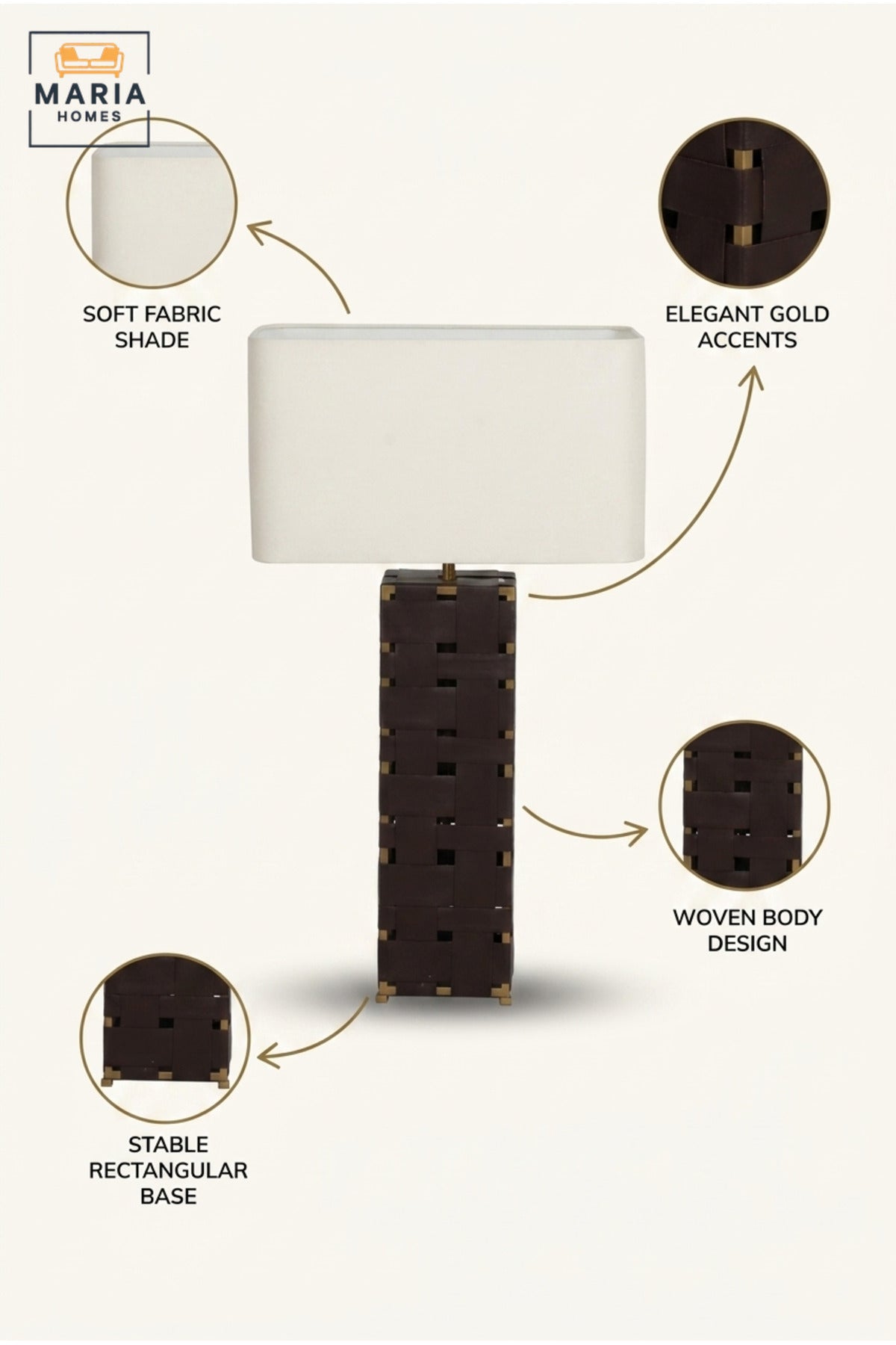 Luxury Woven Leather Table Lamp with White Rectangular Fabric Shade and Dark Brown Textured Base for Bedroom, Living Room, Office, Hotel and Bedside Décor