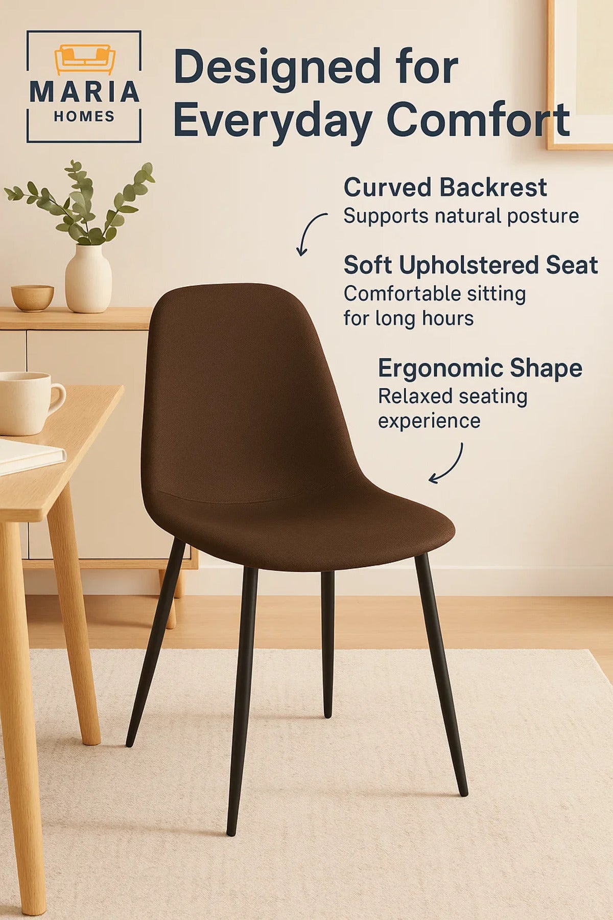 Modern Brown Fabric Dining Chair with Black Metal Legs