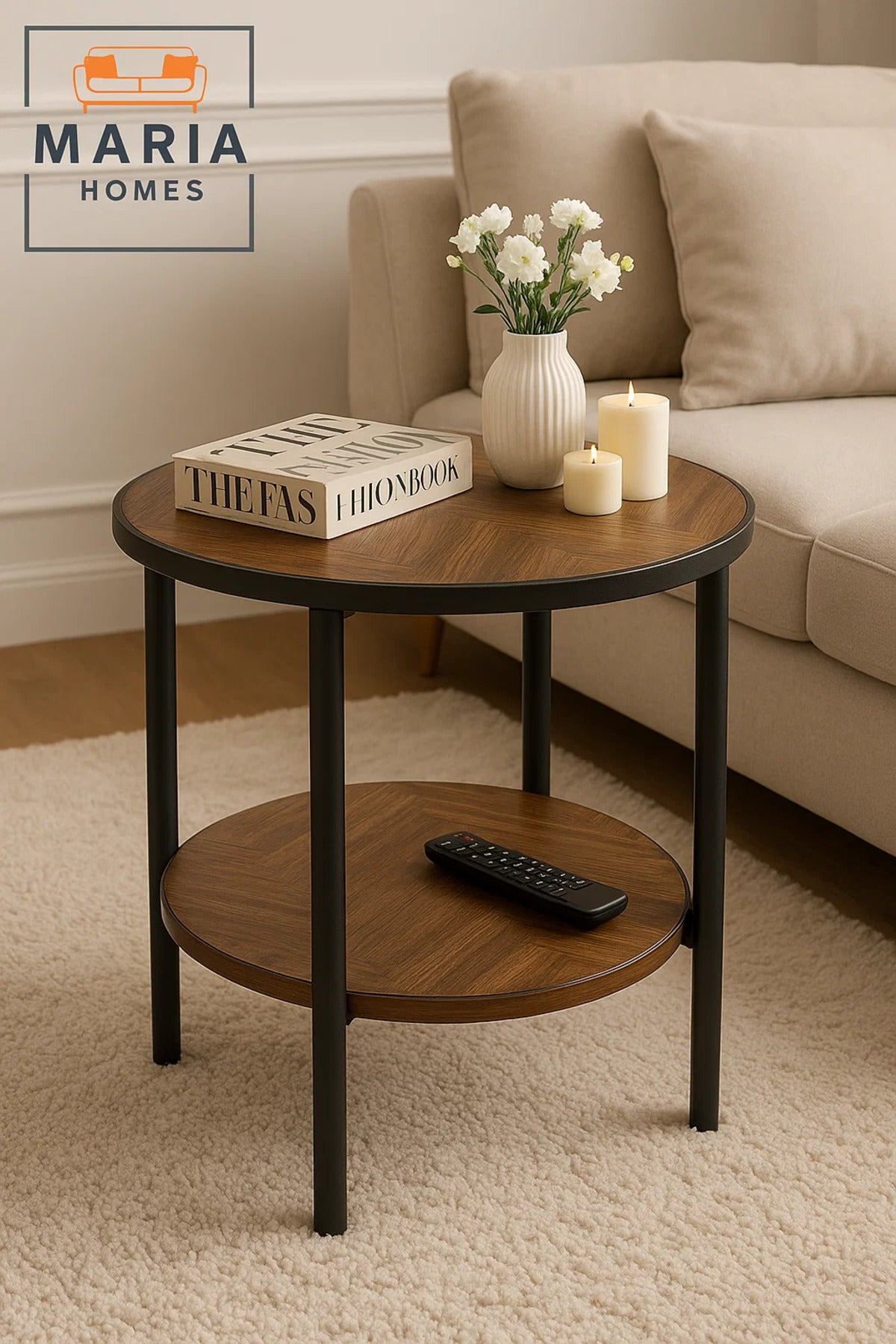 Round Wooden Side Table with Shelf Ð Herringbone Pattern & Black Frame