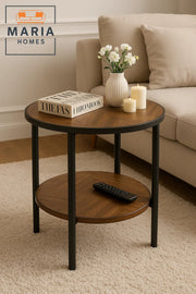 Round Wooden Side Table with Shelf Ð Herringbone Pattern & Black Frame