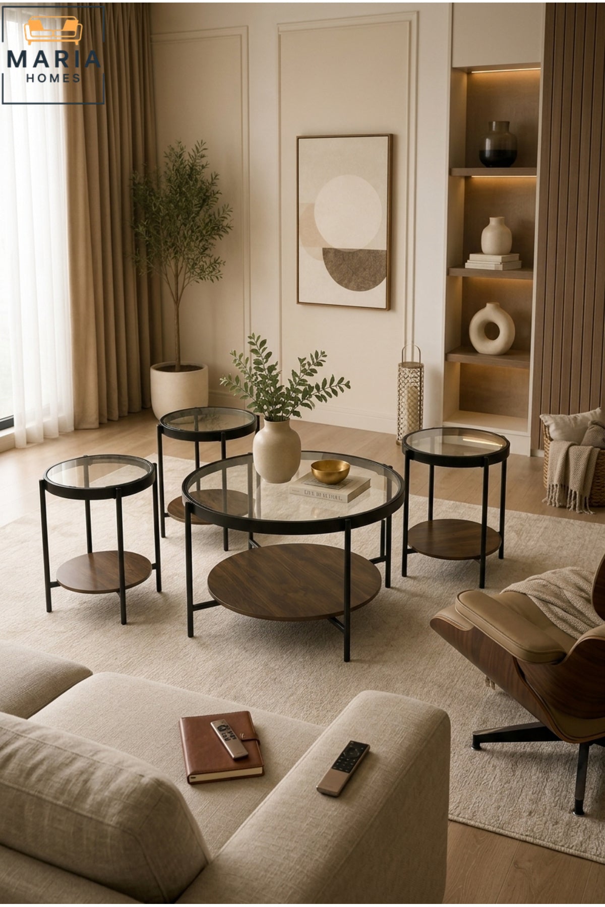 Modern Center Table Set – Glass Top with Metal Base, Living Room Coffee Table