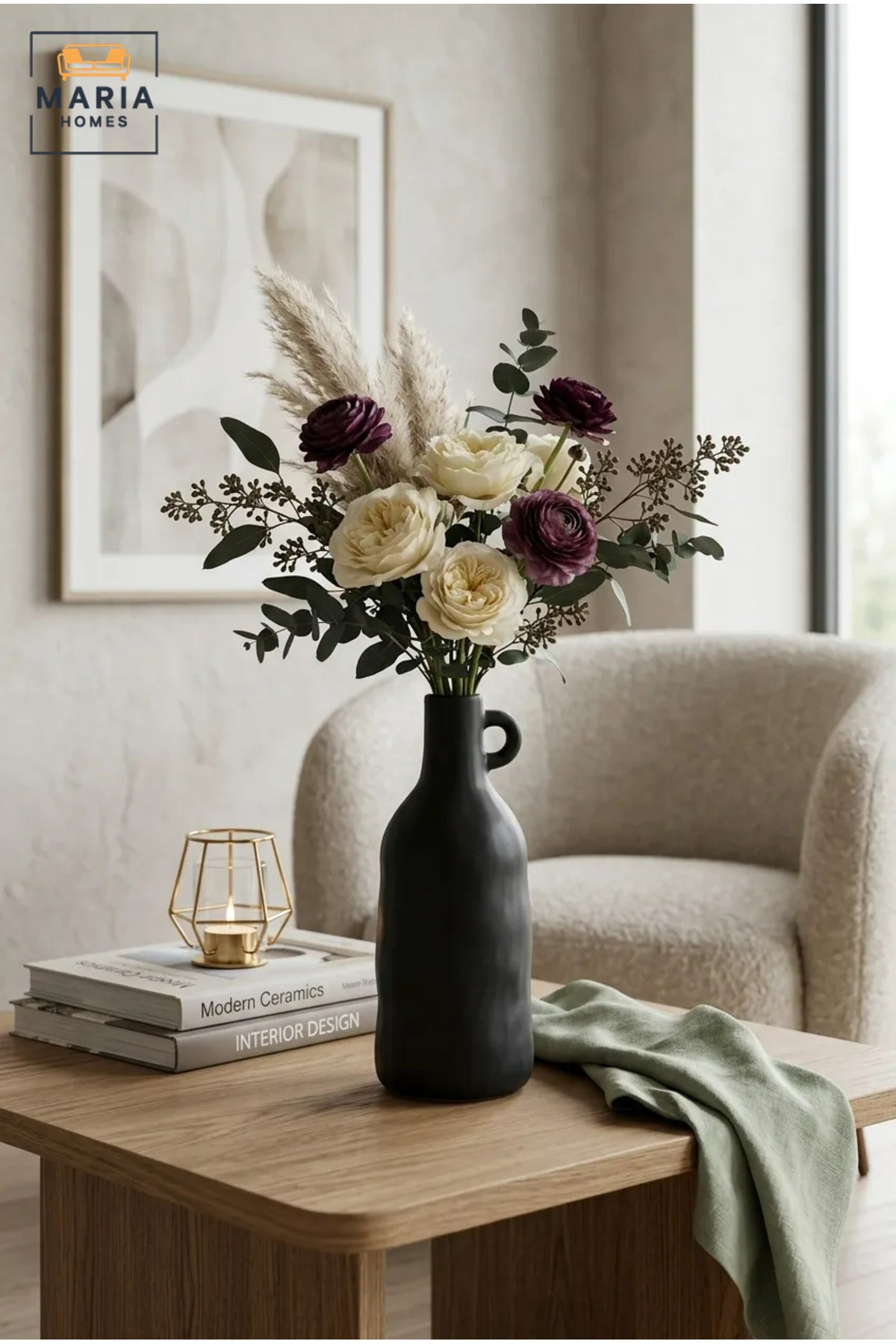 Modern Tall Decorative Flower Vase with Small Handle, Narrow Neck and Sculptural Bottle Shape for Living Room, Bedroom, Office and Console Décor