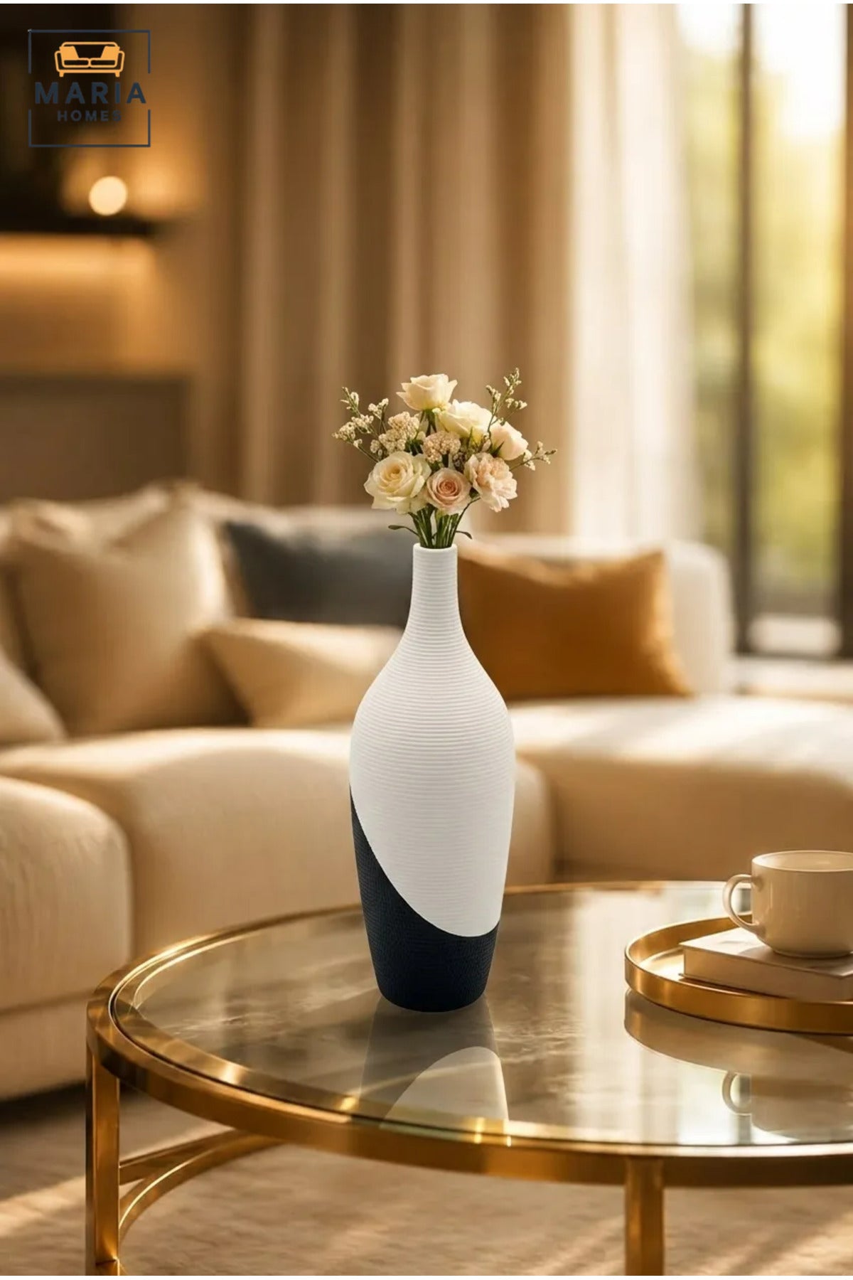 Modern Tall Decorative Flower Vase with Two-Tone Abstract Design, Slender Bottle Shape and Ribbed Texture for Living Room, Bedroom, Office and Console Décor