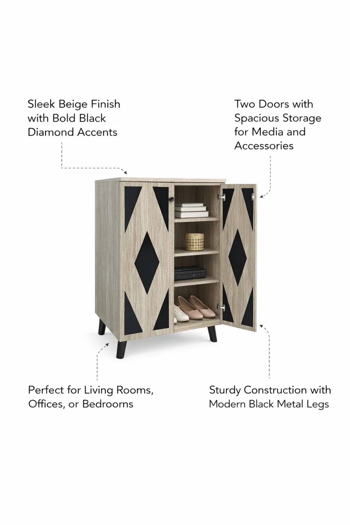 Stylish Beige Shoe Cabinet with Black Geometric Design Double Door Entrance Organizer Storage Stand