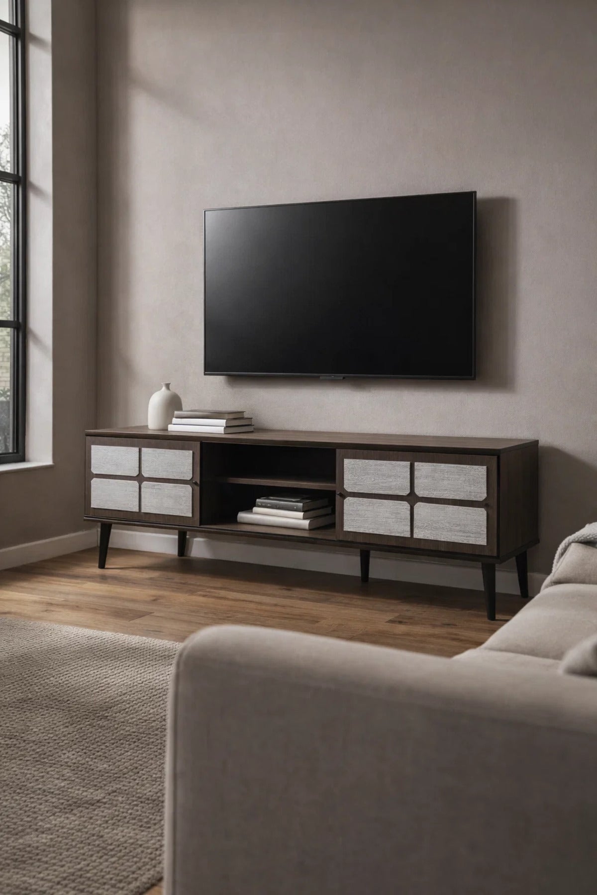 Brown & Grey TV Stand √ê 160x40x45 cm Modern Plasma Table with Cabinets & Shelves
