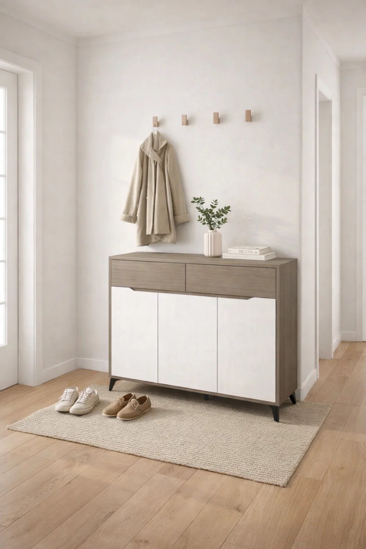 Modern White and Grey Shoe Cabinet Console Table with Storage Drawers for Hallway and Living Room