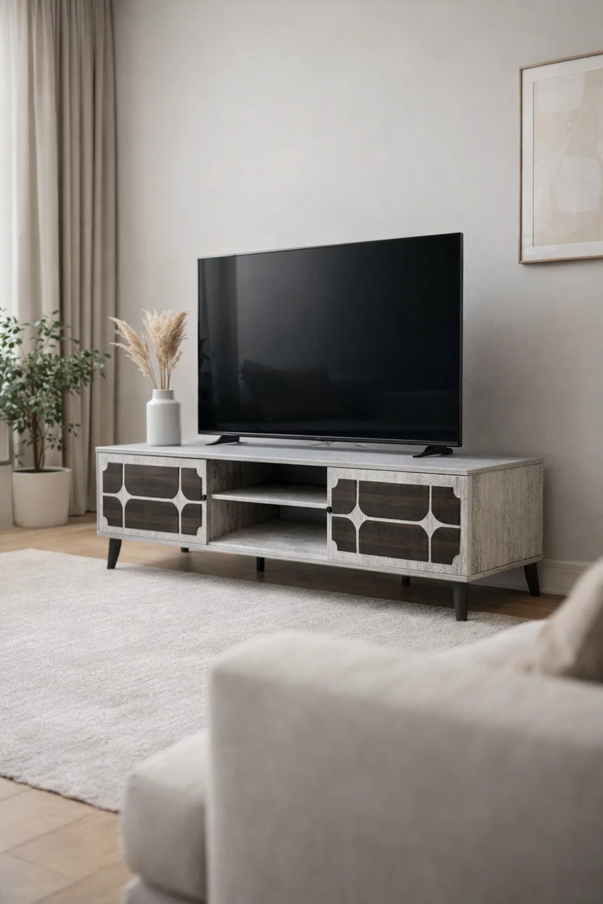 Stylish Grey TV Unit with Storage Shelves and Modern Cabinet Doors for Living Room Entertainment