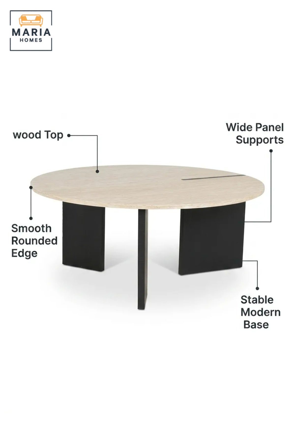 Modern Round Coffee Table with Wooden Top and Sculptural Panel Base, Contemporary Center Table for Living Room, Lounge, Apartment and Office