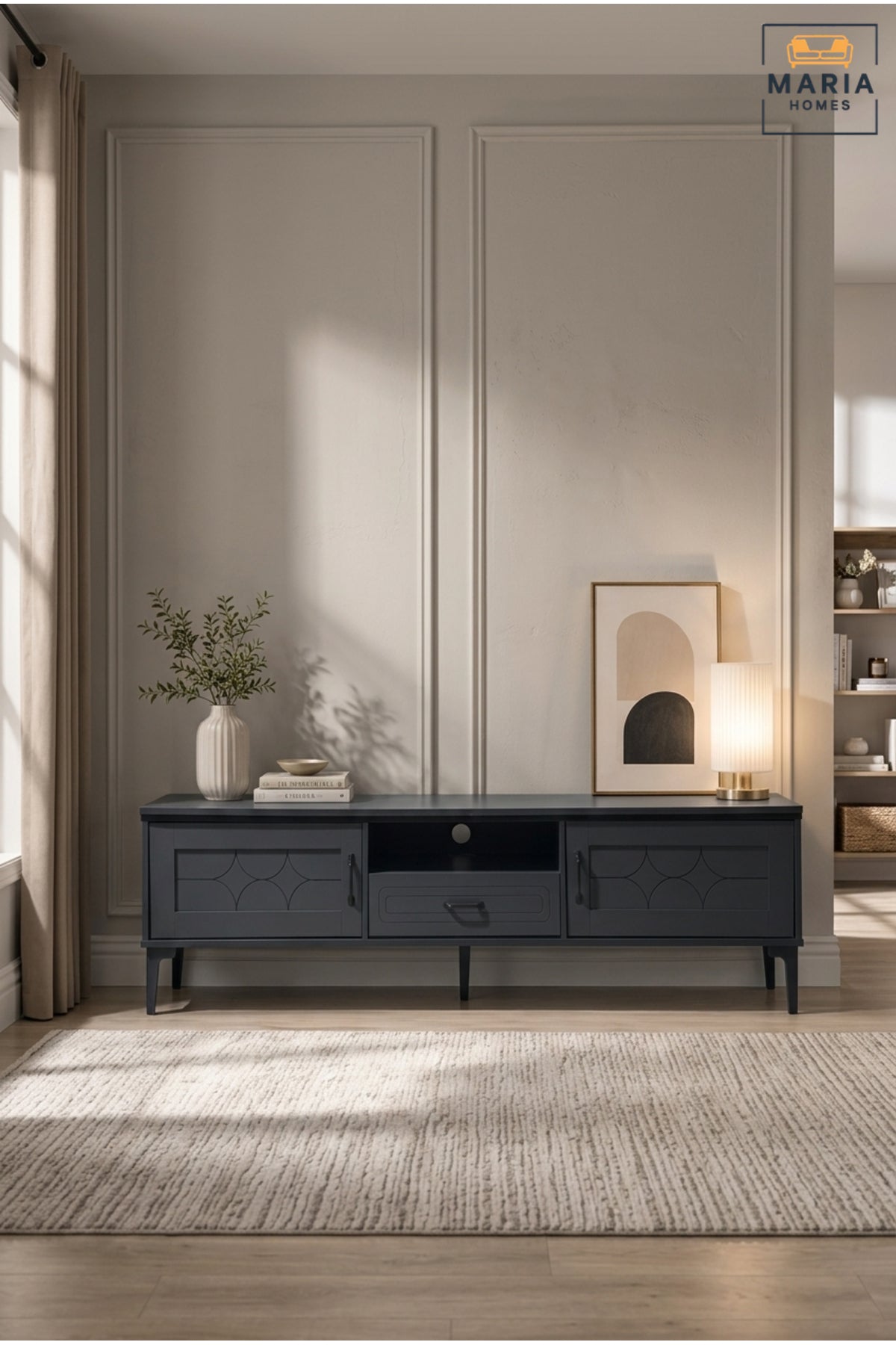 Modern TV Stand Entertainment Center Media Console with Storage Cabinet and Drawers Grey